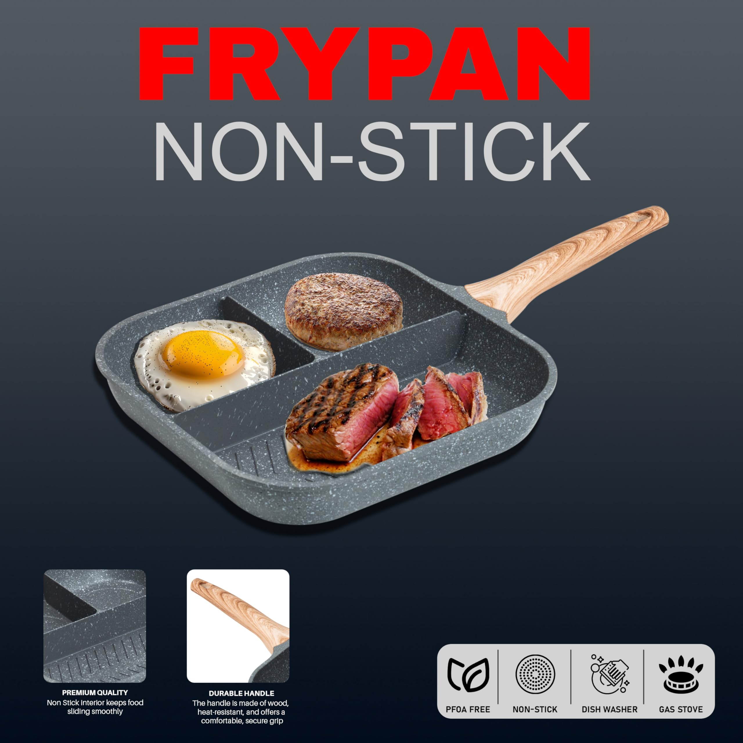 Crystals Non Stick Frying Pan, 3 in 1 Section Fry Pan with Wooden Handle, Small Induction Egg Frying Pan 28cm - Image 3