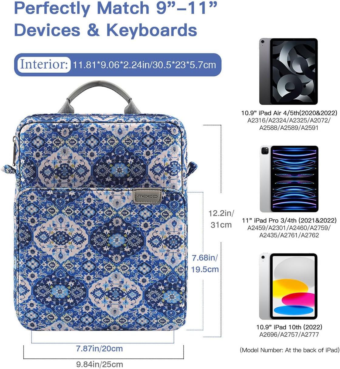 MoKo 9-11 Inch Tablet Sleeve Bag Handle Carrying Case with Shoulder Strap Fits iPad Pro/Air/A16 11 inch,iPad 10th 10.9,i-Pad 9/8/7th 10.2,iPadAir 5/4th 10.9,i-Pad 9.7,Tab S8/S9 11", Blue Bohemia - Image 2