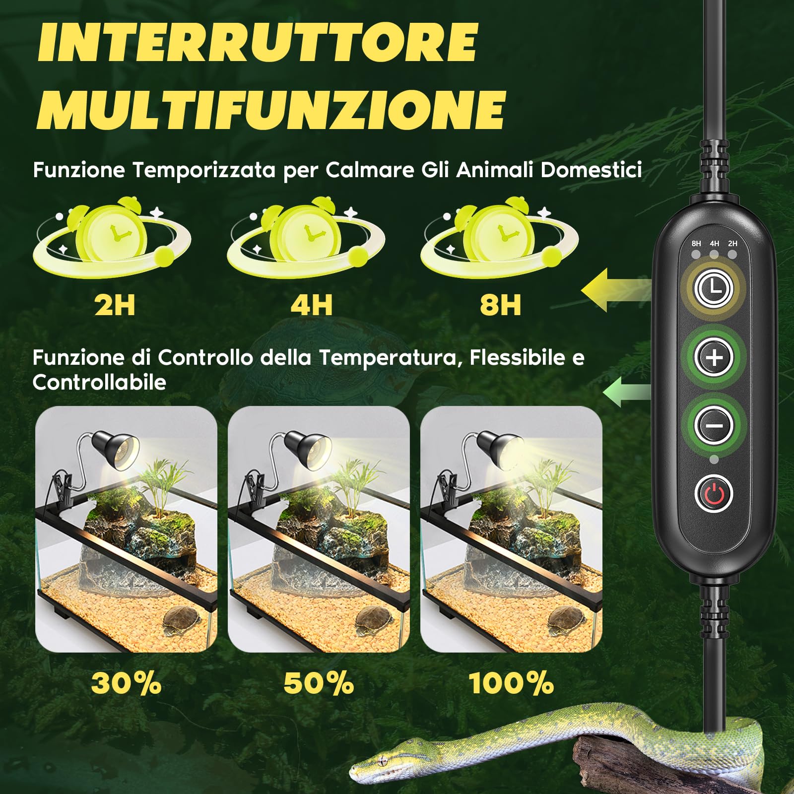 Lampada Riscaldante, Lampada Riscaldante per Terrario E27 con Funzione Timer e Controllo della Temperatura, Include Due Lampadine Riscaldanti E27 UVA UVB da 100W con Clip per Tartarughe