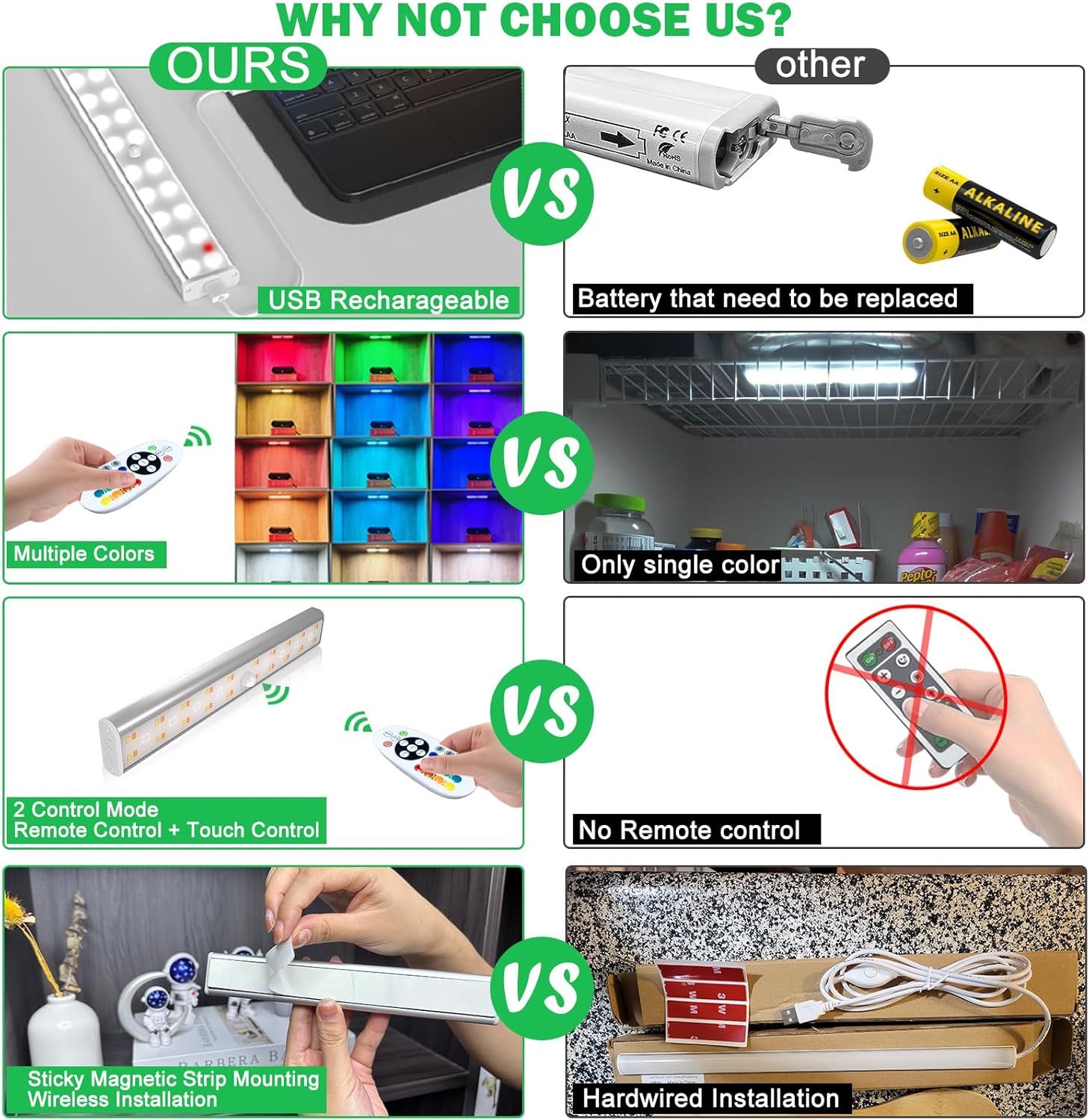 Under Cabinet Lighting Wireless Rechargeable Battery Operated LED Closet Lights Dimmable Under Counter Lights Bar with Remote, RGB Changing Perfect for Kitchen Bedroom Stairs, 4 Packs