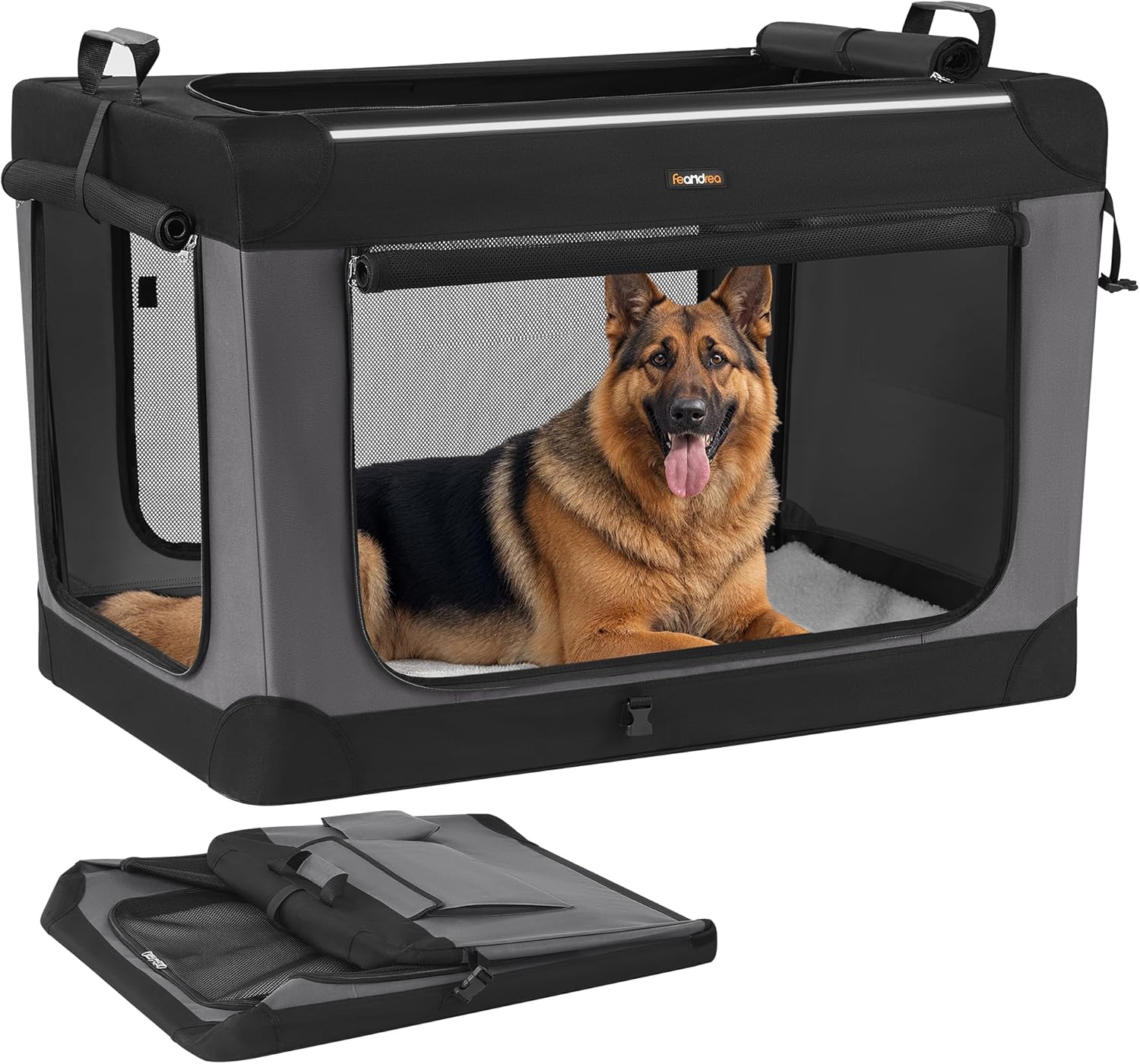 Feandrea Collapsible Dog Crate, 42-Inch Portable Dog Travel Crate for Large Dogs, Oxford Fabric Pet Carrier with 4 Mesh Doors, Handles, Storage Pocket, Water Bottle Holder, Ink Black UPDC021B01 XXL?42"L x 28"W x 28"H?