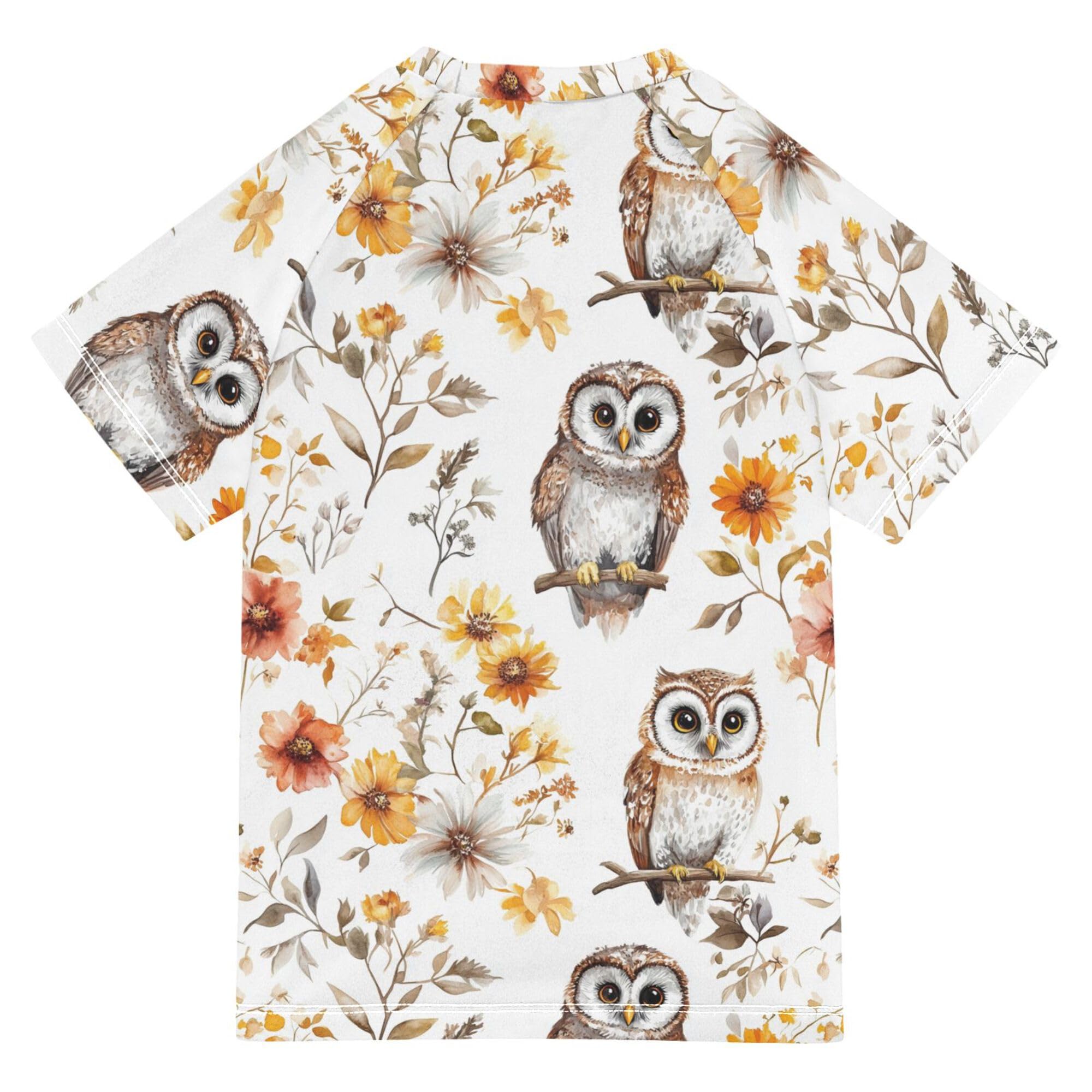 Cartoon Cute Owls White Girl Bathing Suit Sun Protection Rash Guard Swimsuit Swimwears Active Tees for Youth Boys 7-8Y