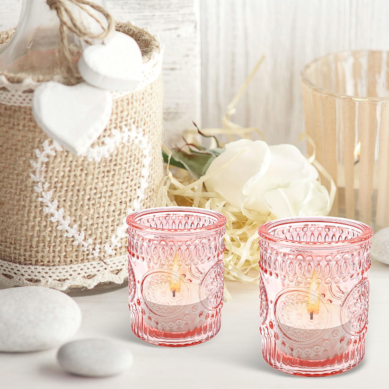 Lot de 24 Rose Photophores en Verre – Bougeoirs Vintage pour Bougies Chauffe-Plat, Déco de Table pour Mariage, Anniversaire, Maison, Fête et Centre de Table (Pilier)