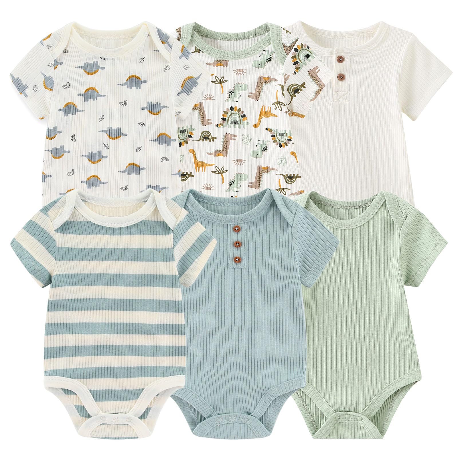 Ruliby Baby Bodysuit 6 Pack Soft Mixed Ribbed Short Sleeve Romper