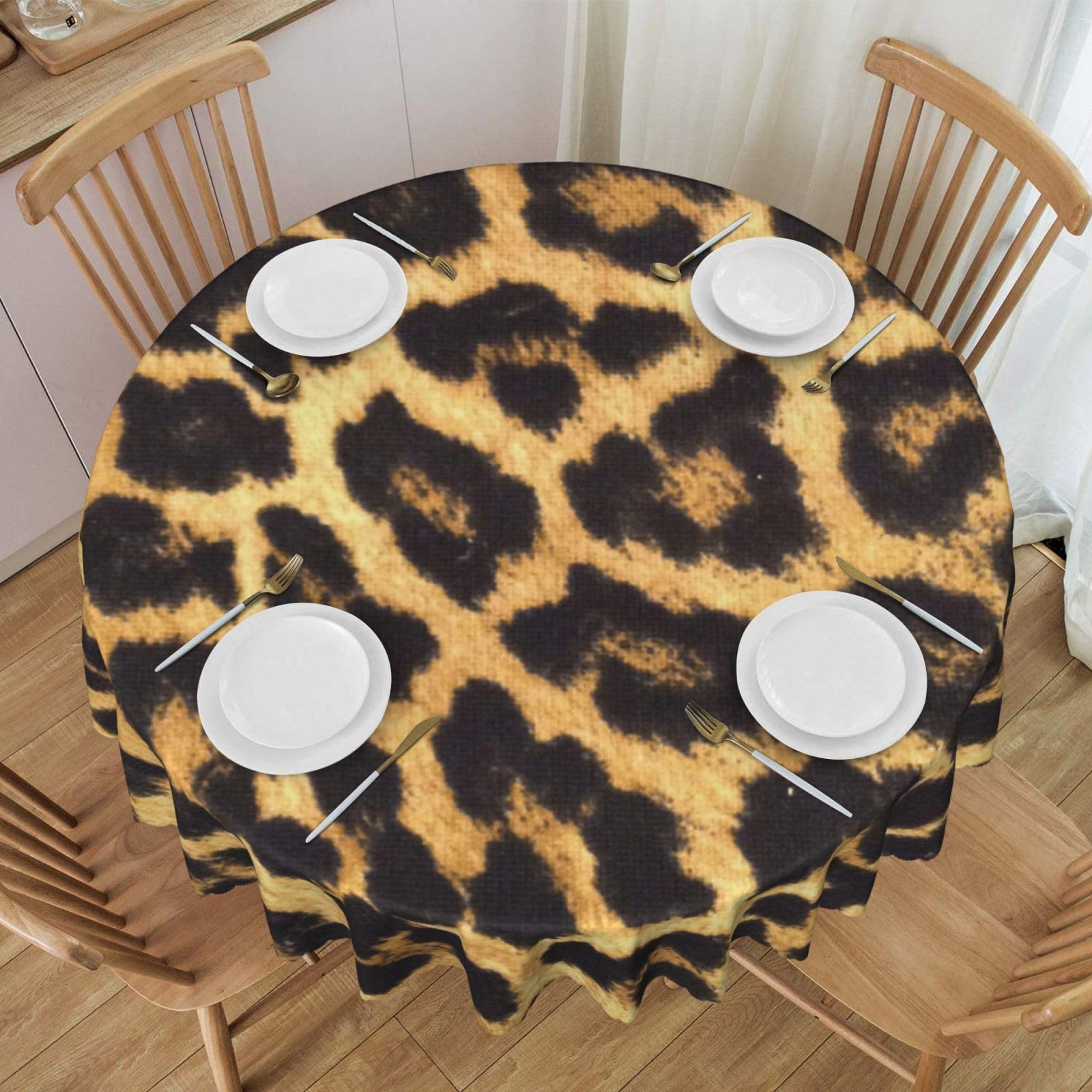 DCEHGEW 60 In Round Tablecloth with Lace, Leopard Print Printed Oilproof & Washable Fabric Picnic Table Cloth Table Covers