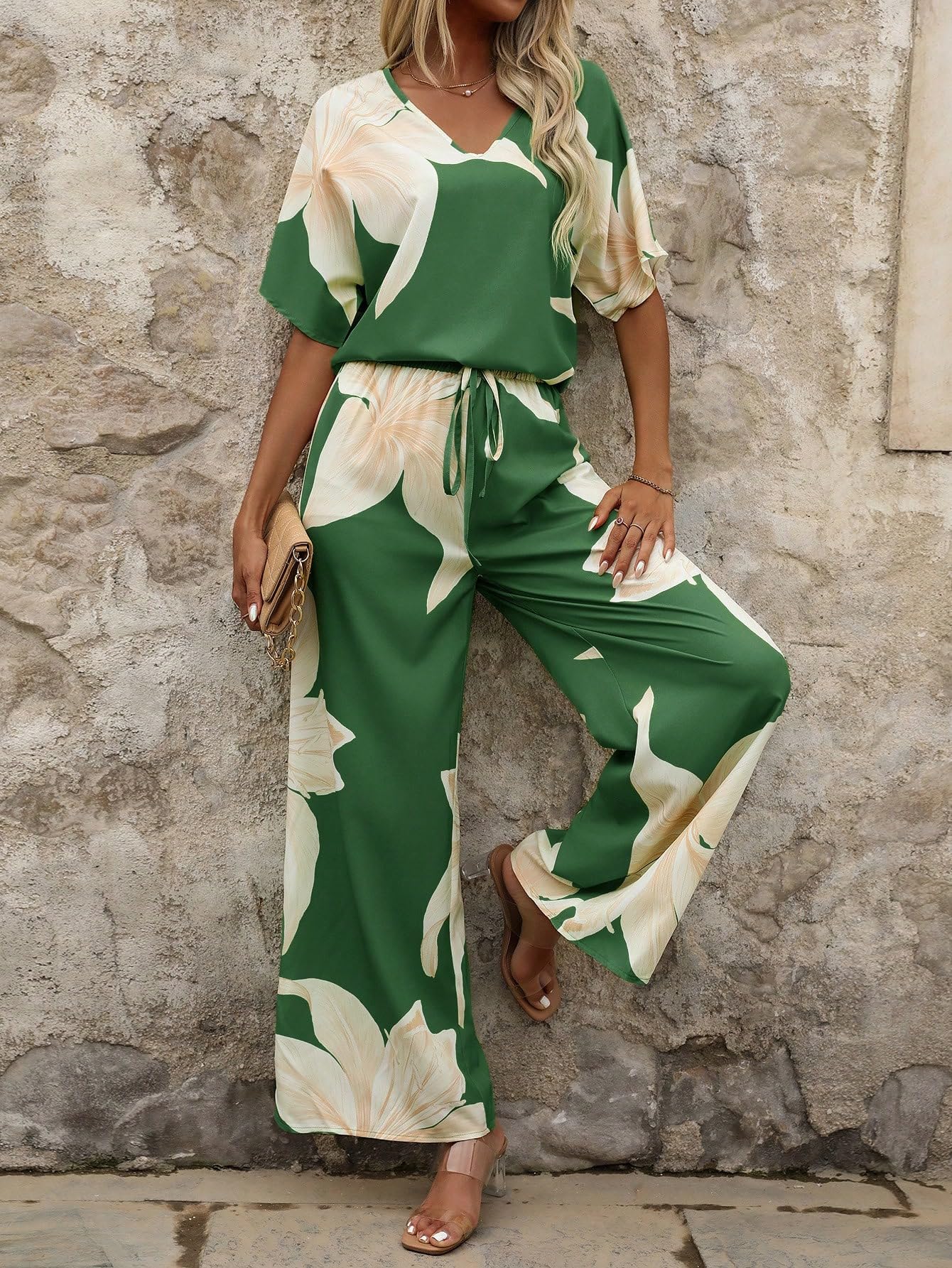 Shasmi Women's Casual Elegant Green Floral Printed Batwing V-Neck Blouse, Sleeve Shirt, Wide Long Pants for Ladies 2pcs/Set, Spring Outfits For Women (Co-Ods 189 Green-2XL) - Image 6 thumbnail