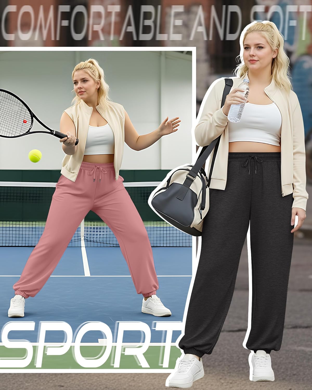 2 Pack Women's Plus Size Joggers, Drawstring Loose Baggy Sweatpants Cozy Athletic Casual Yoga Pants with Pockets - Image 2