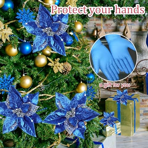 Miniatura 2 de AOKE 16 piezas de flores de Pascua azules artificiales con purpurina para decoración de Navidad con clips, decoraciones grandes de Navidad para