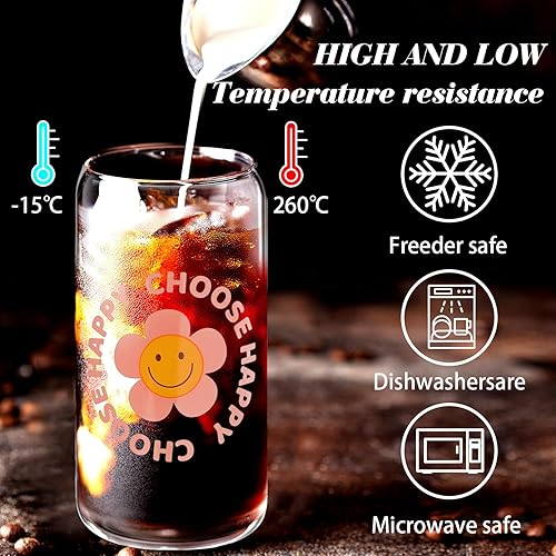 Miniatura 3 de Umigy 8 tazas de vidrio bonitas con tapas y pajitas de bambú Groovy Retro Ice Coffee Cup 16 oz Smile Face Daisy Vasos de cerveza de vidrio con