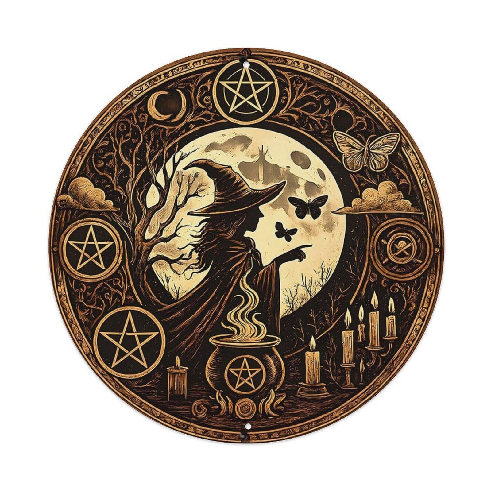 Witch Moon Pentacle Magic Art Tin Sign Metal Poster Vintage Metal Signs for Home Man Cave Bar Cafe Kitchen laundry room Wall Decorations 8x8 inches