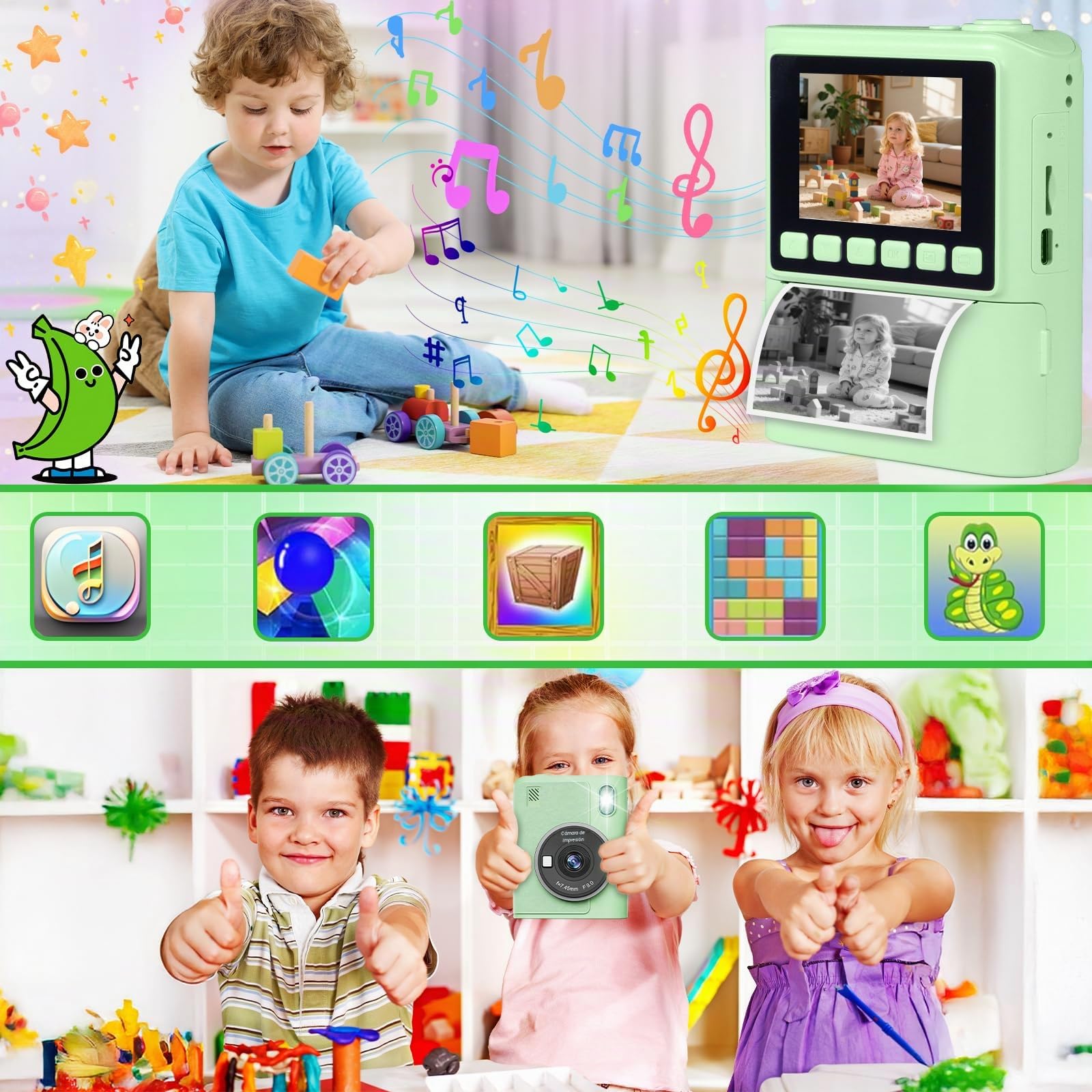 Camara Fotos Infantil Instantanea,1080P Camara Fotos Infantil,2,4 Pulgada con Tarjeta de 32GB y Papel Fotografia,Juguete Cámara Instantánea Regalos para Niños y Niñas de 3-12 Años