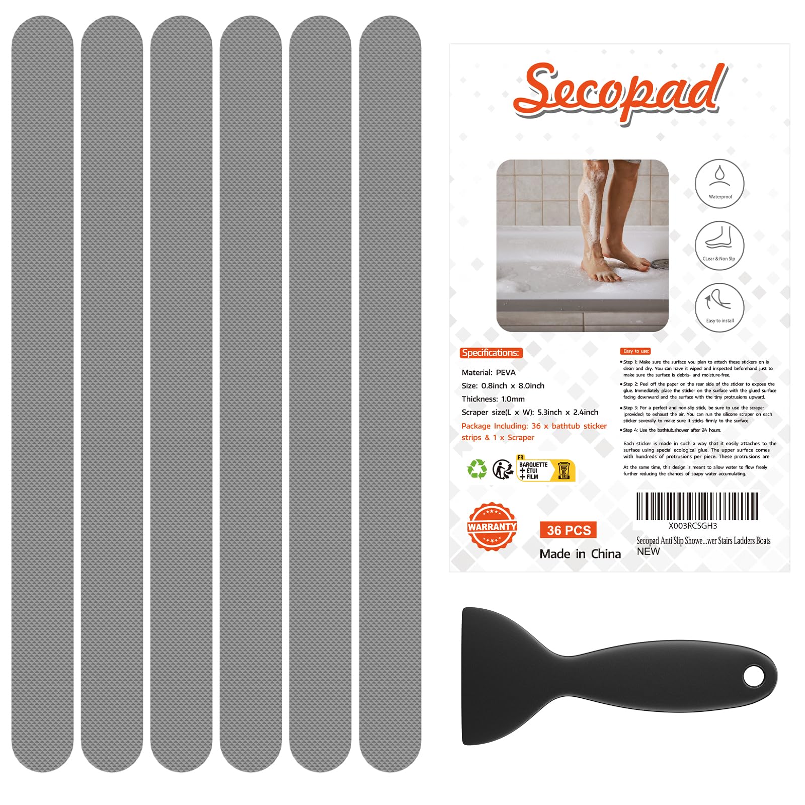 Secopad 36PCS Non Slip Bathtub Stickers, Shower Floor Non Slip Grip Stickers with Premium Scraper(Grey)
