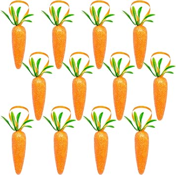 Easter Carrot Hanging Ornaments - 12Pcs Premium Foam Glitter Artificial Carrots for Easter Decoration