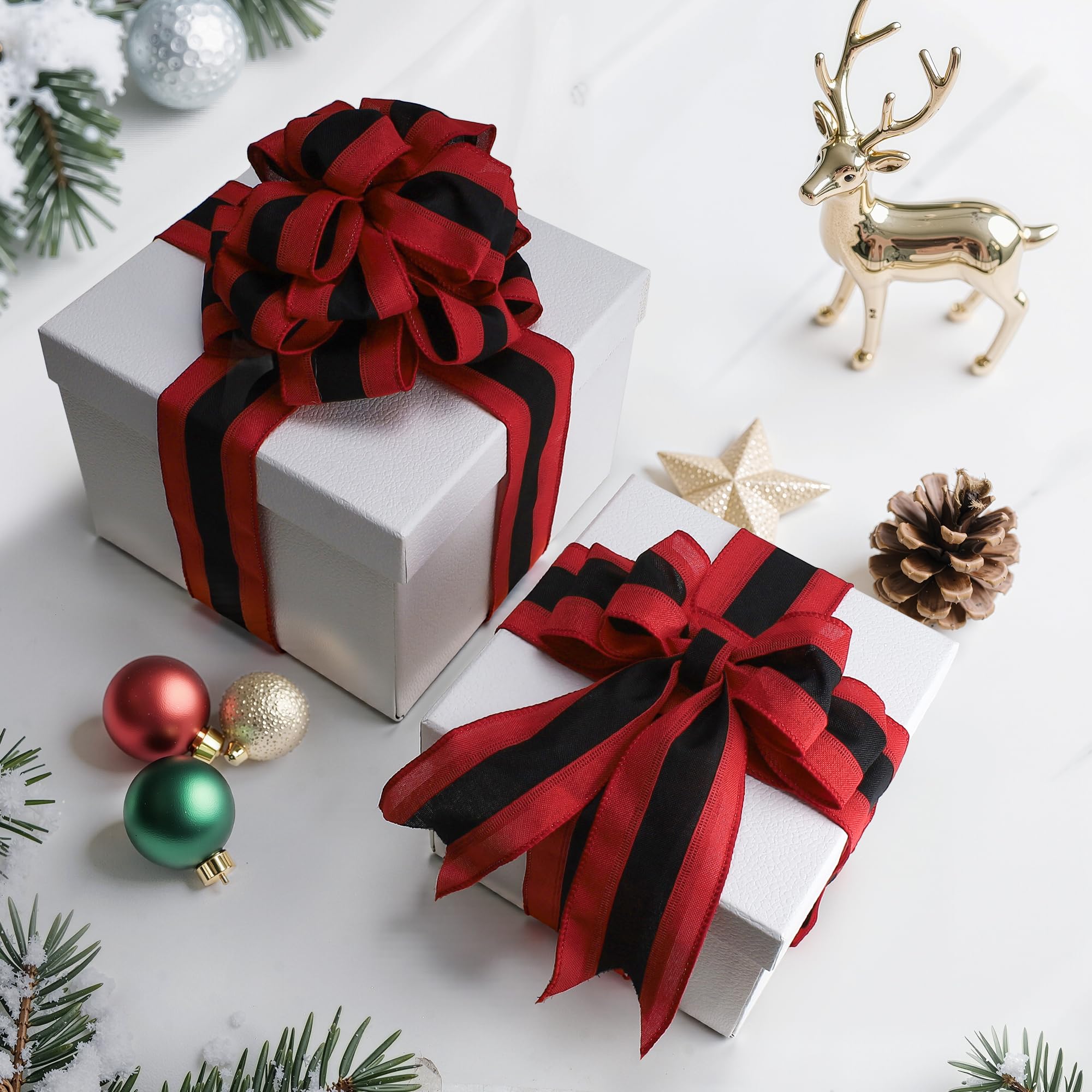 Kryvus Striped Wired Ribbon, 64MM x 9M Natural Linen Christmas Ribbon with Wired Edge, Perfect for Gift Wrapping Wreath - Image 2