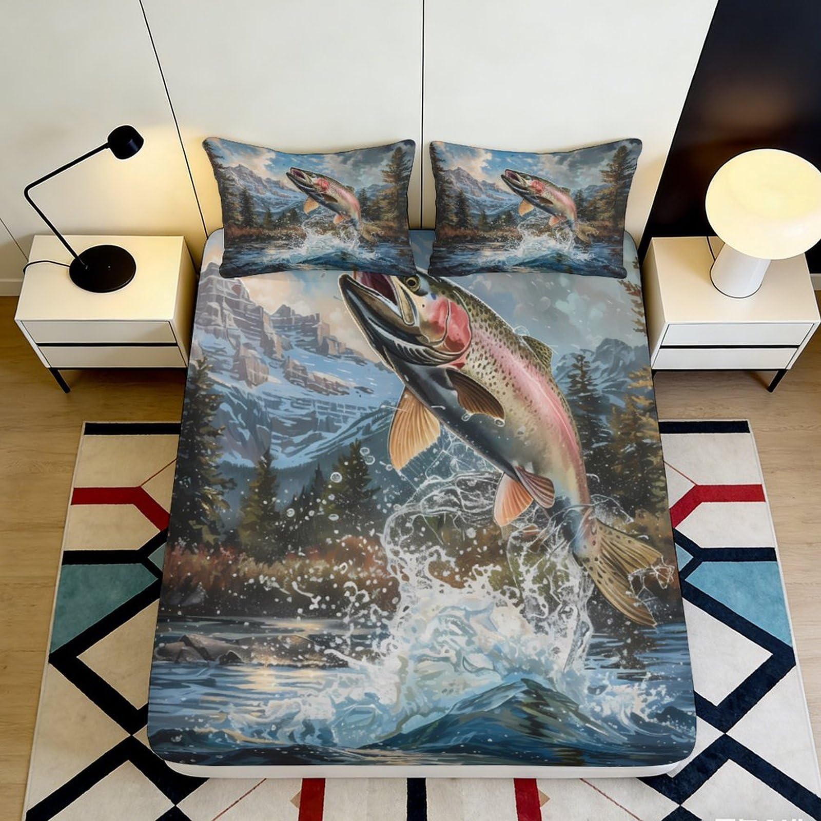 Pnayamiorkfel Style-1 3D Printed Jumping Trout Fitted Sheet Microfiber Soft Breathable Mountain Lake Bed Cover For Bedroom Decor Mattress Protection 90X200x25cm