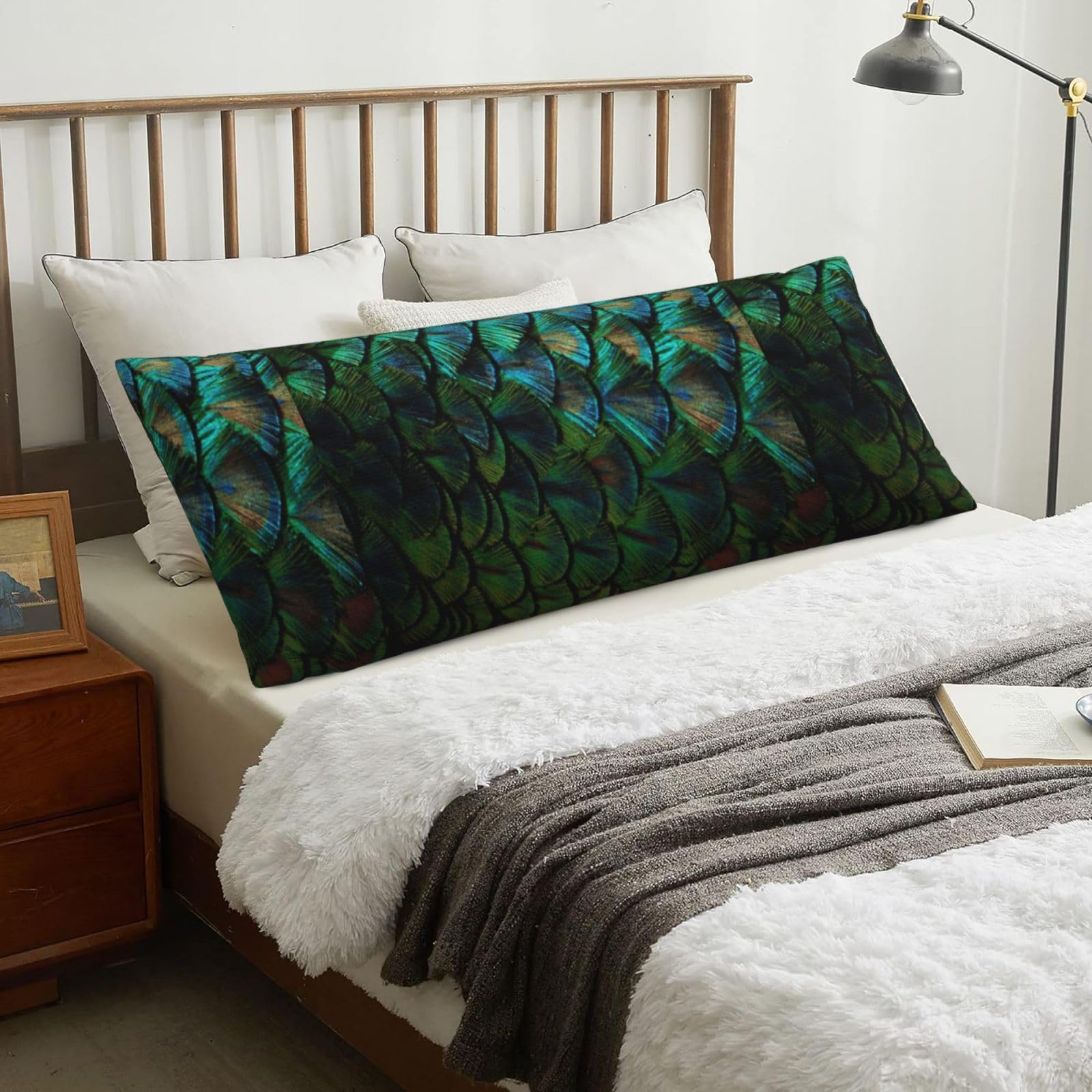 Beautiful Peacock Feather, Body Pillow Cover with Zipper,Long Body Pillowcase 20 x 60 in