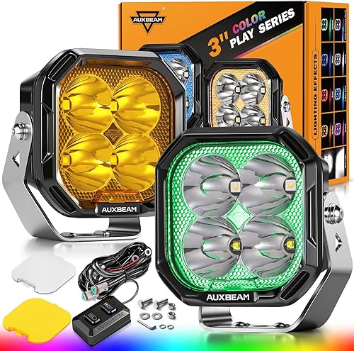 Auxbeam Color Play Series - Cápsulas LED de 3 pulgadas, 7 colores RGB, luces de zanja todoterreno con cubiertas blancasámbar de 116 W, barra de luz