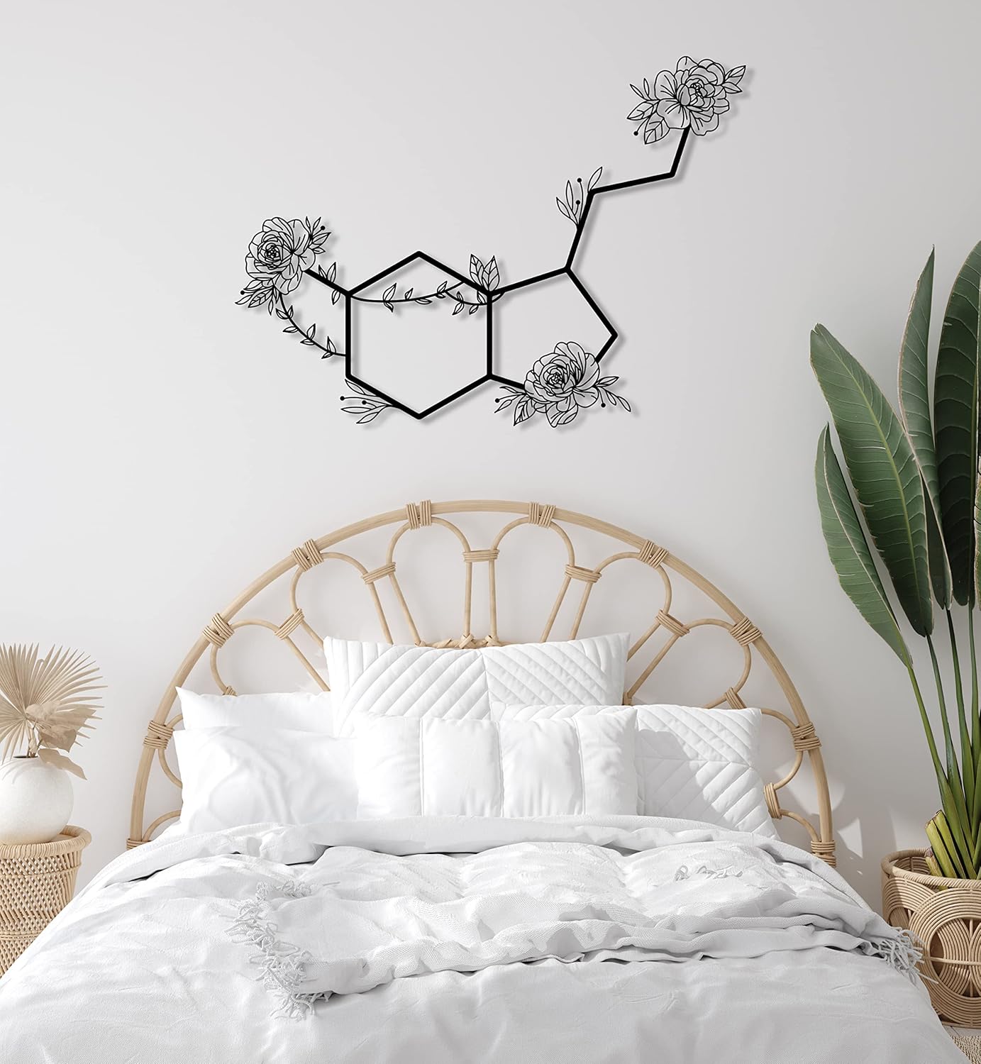 Serotonin Metal Wall Art – Flowered Serotonin Molecule Symbol of Happiness Wall Decor, Unique Black Metal Home Decor for Living Room, Bedroom, Kitchen, Boho Housewarming Gift (Black, 27.5 "x 20" / 70 x 51 cm)