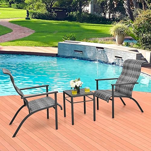 Miniatura 9 de RELAX4LIFE Juego de muebles de patio de 3 piezas, juego de bistró de mimbre para exteriores con mesa de café, respaldo ergonómico y reposabrazos,