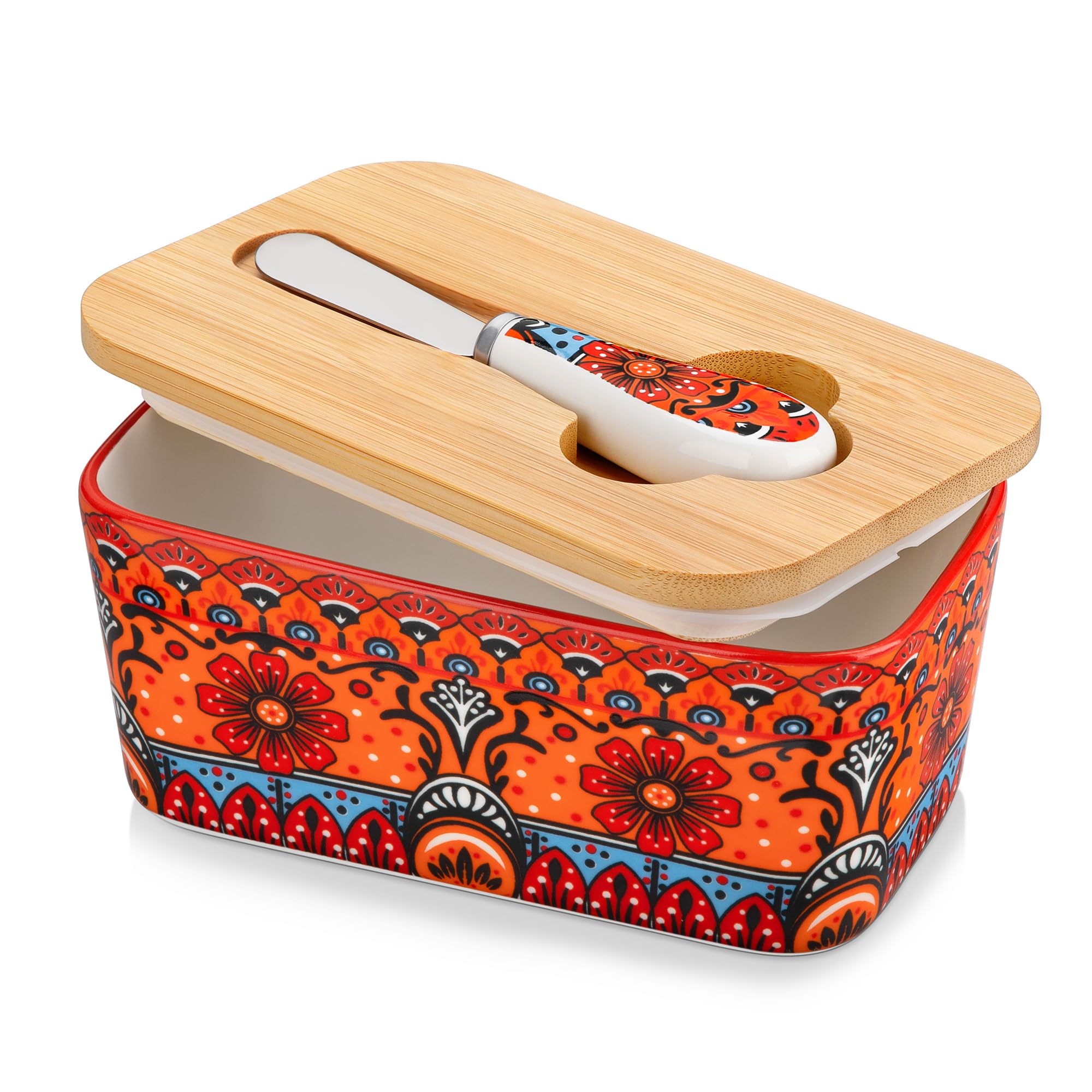 vancasso KRVI Beurrier en Céramique 480 ml Avec Couvercle et Couteau, Beurrier en Porcelaine, Multifonction, Bohémien, Pour la maison et la cuisine, Passe au Lave-vaisselle, Orange Solaire