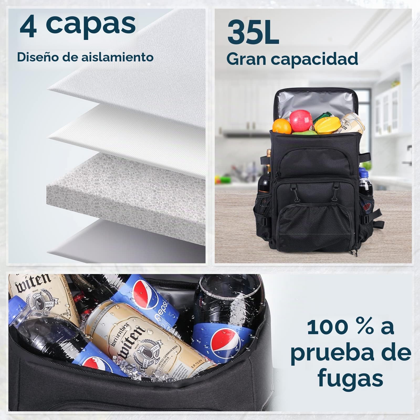 DEWUR Mochila de refrigeración térmica de 35 l, Bolsa de refrigeración, Mochila de Picnic Impermeable con abridor de Botellas, para Picnic, Camping, Playa, Senderismo, Viajes, Compras (Negro)