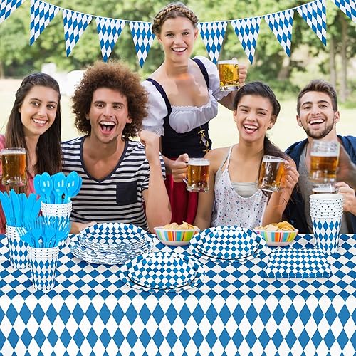 Miniatura 5 de Whaline Juego de vajilla desechable para Oktoberfest, 177 piezas, vajilla a cuadros azules y blancos para suministros de festivales de cerveza
