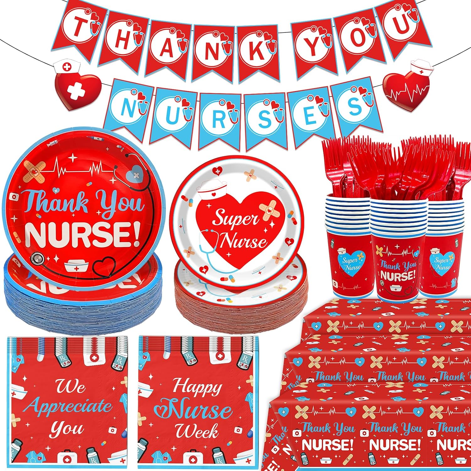 122Pcs We Appreciate You Decorations Nurse Week Decorations Nurses Week Plates and Napkins with Thank You Nurses Banner for Nurse Party Decorations Nurses Week Party Supplies