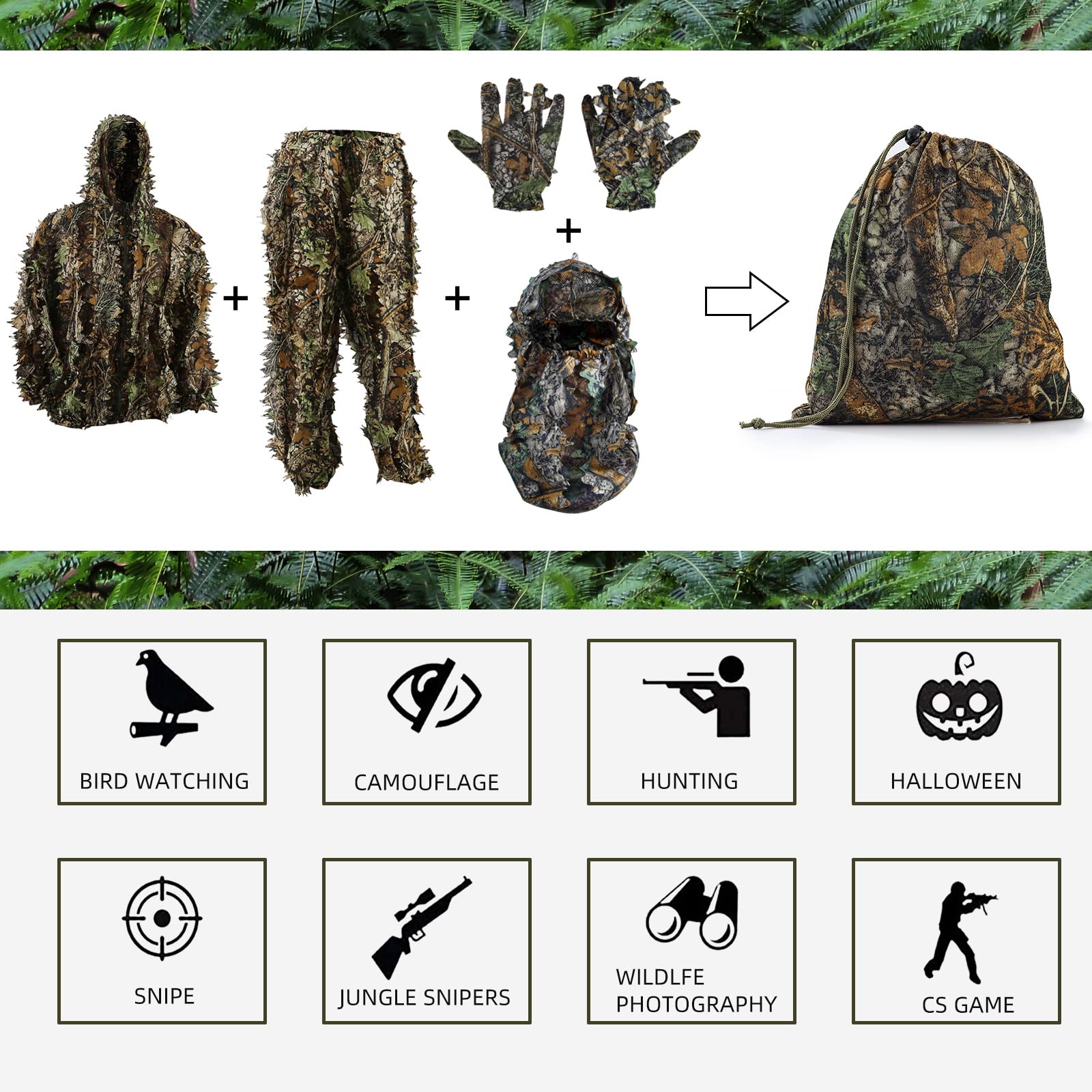 Zicac Tuta Mimetica con Berretto Mimetico 3D Caps Elastico Copricapo Mimetico per Donne e Uomini,Ghillie Suit con Parasole Cappellini per Caccia Abbigliamento per la Caccia,Le Esercitazioni di Tiro