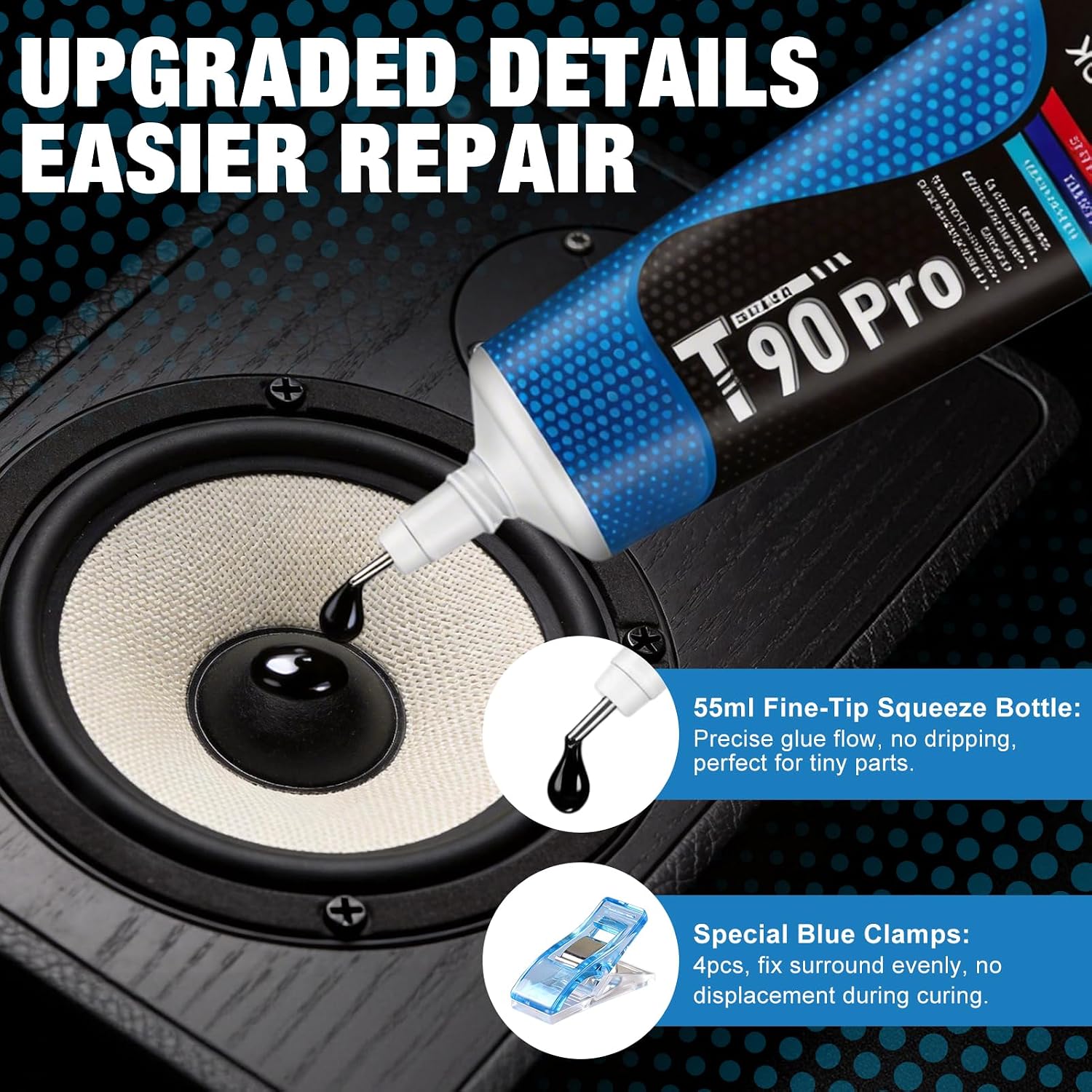 1.86 Oz Speaker Glue, Speaker Repair Glue, Strong Speaker Glues with Blue Clips, Waterproof and Shockproof, Used for Assembling and Repairing Speaker Equipment and Can Bond Variety of Materials