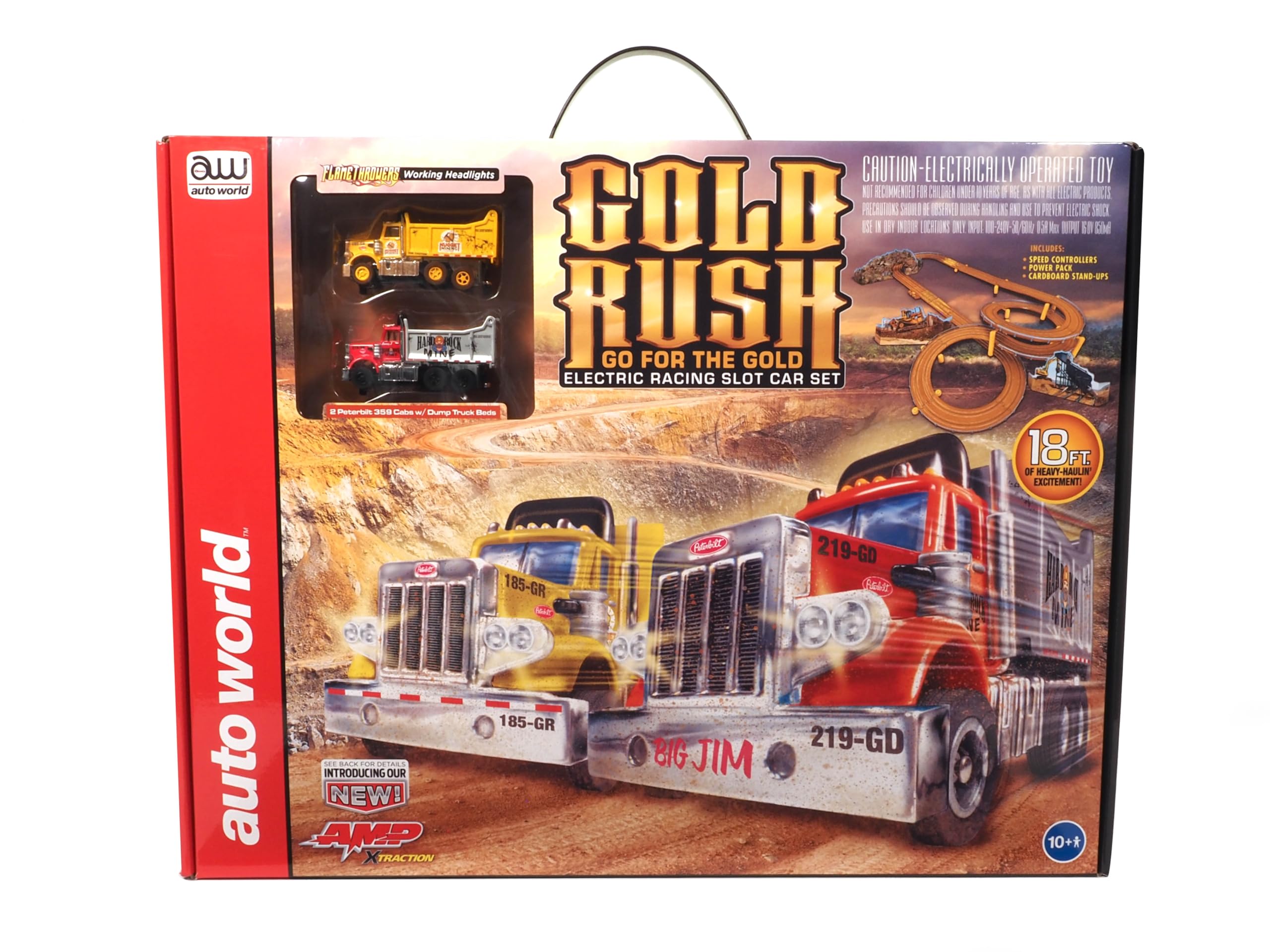 Auto World 18' Gold Rush Go for The Gold Slot Race Set HO Scale with AMP Xtraction Cars and Working Headlights
