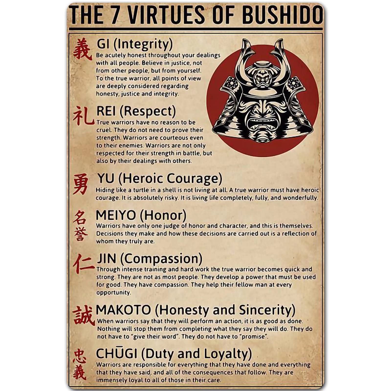 Tin Sign The 7 Virtues Of Bushido Knowledge Metal Tin Sign,Tavern Poster Garage Man Cave Club Novelty And Interesting Bathroom Toilet Wall Decoration 12X16 Inch