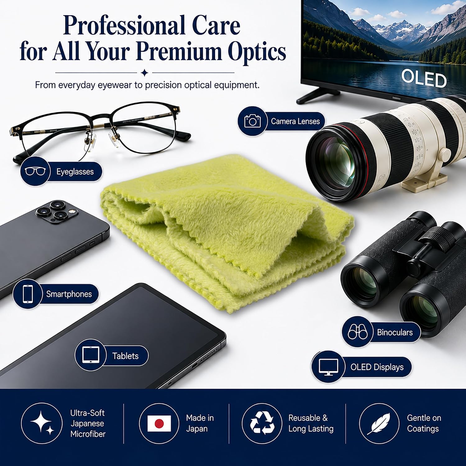 MISATO Softica™ | Eyeglasses & Camera Lens Cleaning Cloth | Premium Japanese Ultra-Soft Short-Pile Microfiber | Made in Japan | Glasses, Premium Optics, Phones, Tablets & Screens | Lime Green | 8×8 in
