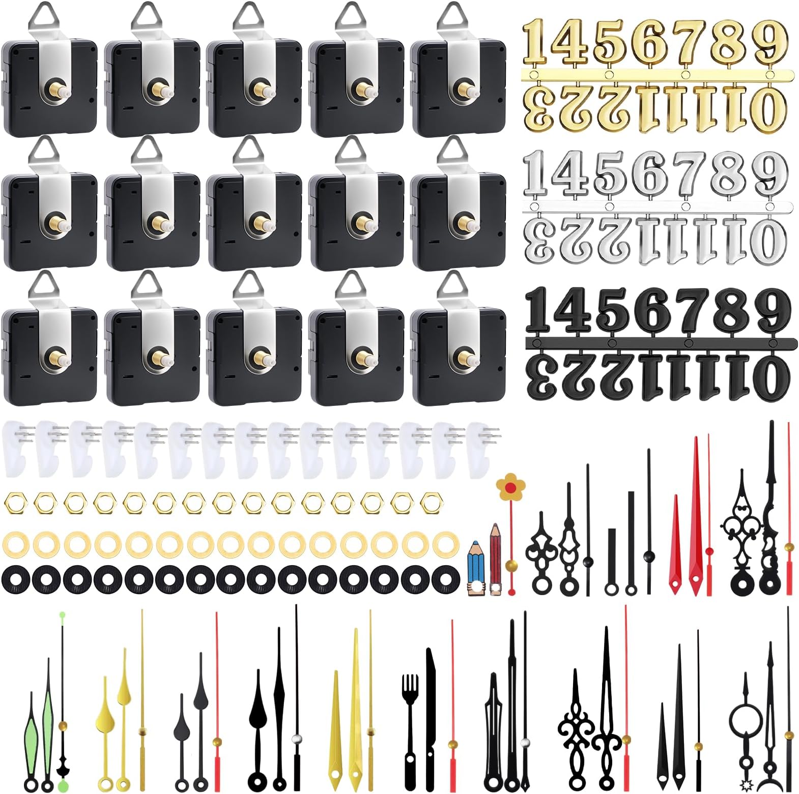 15 Pieces Clock Movement for Wall Clock, Silent Movements for Self-Installation with 15 Hands and Clock Numbers, DIY Clock Repair Kit, Radio Wall Clock for Clock Replacement Parts