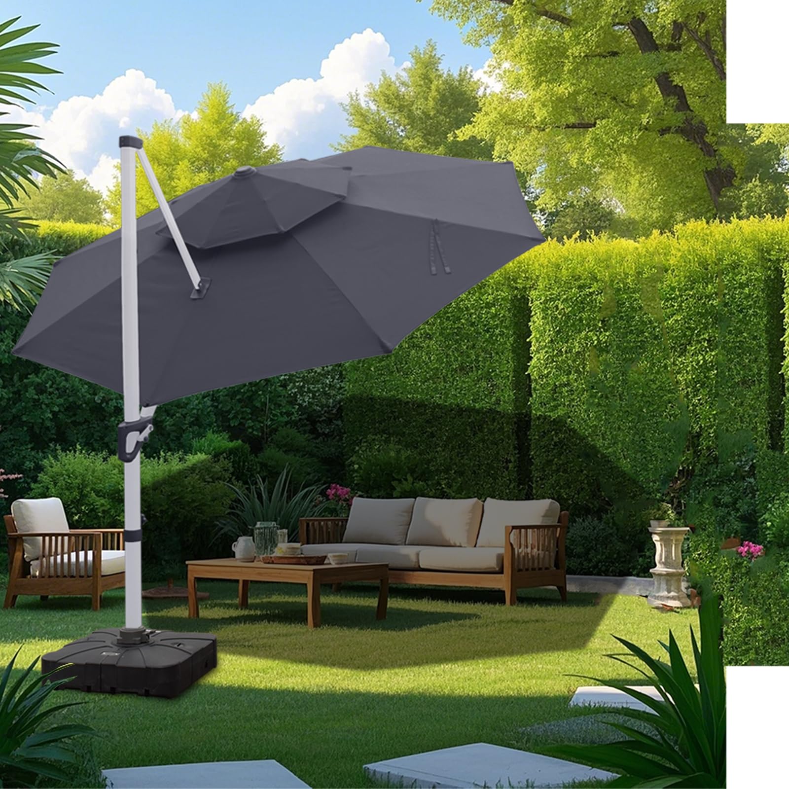 RANSENERS Ampelschirm 300 cm mit Schirmständer, Doppelter Baldachin, Drehbar 360°, Neigbar 0°-90°, Aluminium Rahmen, Extra-Dicker Gewebe, UV50+, für Garten, Terrasse, Cafe im Freien (Grau)