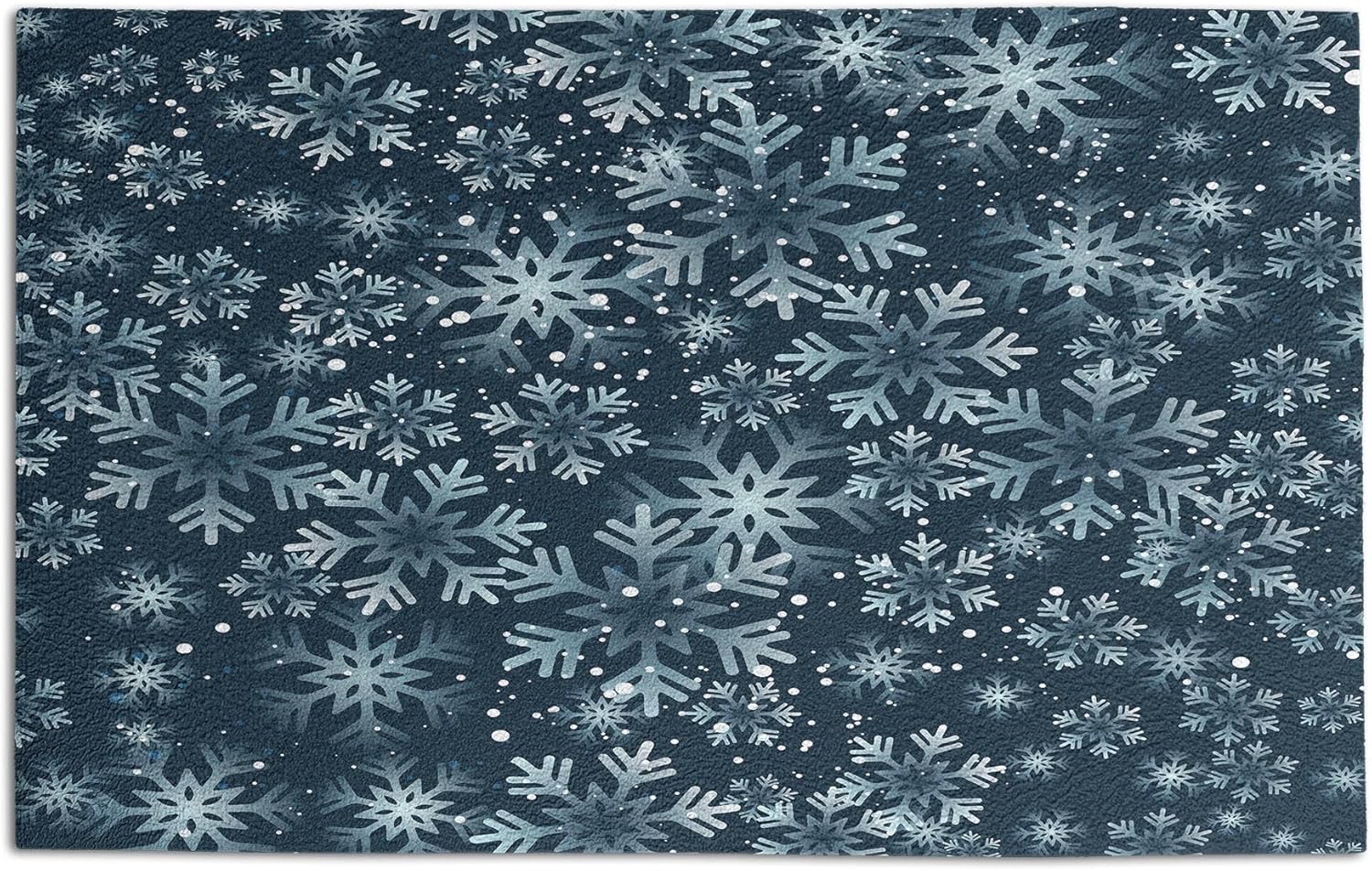 Lunarable Snowflake Doormat, Abstract Christmas Snowfall Winter Freezing Celebration, Decorative Polyester Floor Mat with Non-Skid Backing, 30" X 18", Pale Blue Grey and Dark Petrol Blue