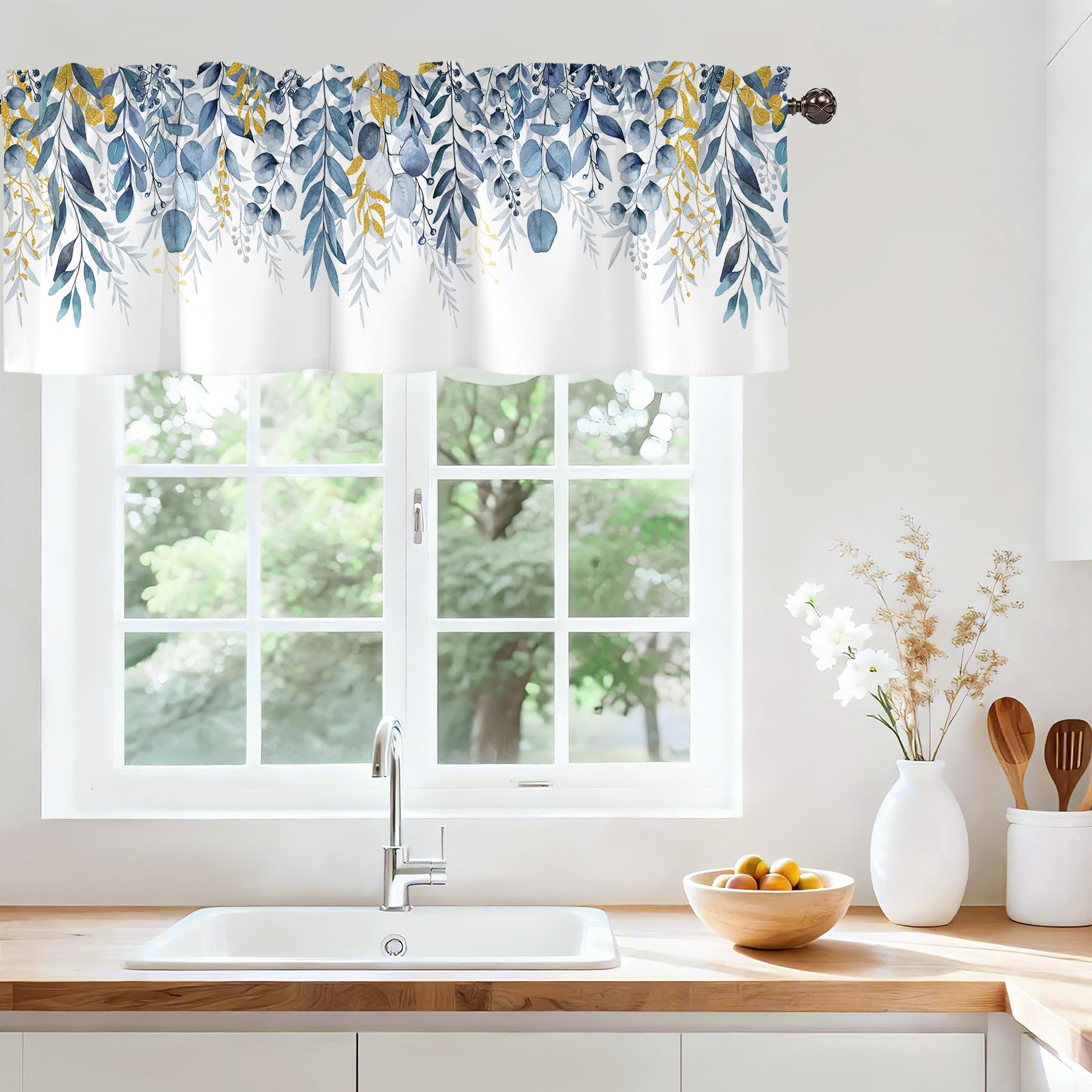 Blue Leaves Kitchen Valances for Windows, Rod Pocket Sheer 42x12 in