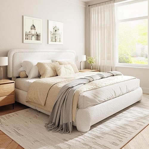 Miniatura 10 de Marco de cama tamaño Queen con tapizado de bóbil, plataforma tapizada en forma de nube con cabecera ajustable en altura y esquinas redondeadas