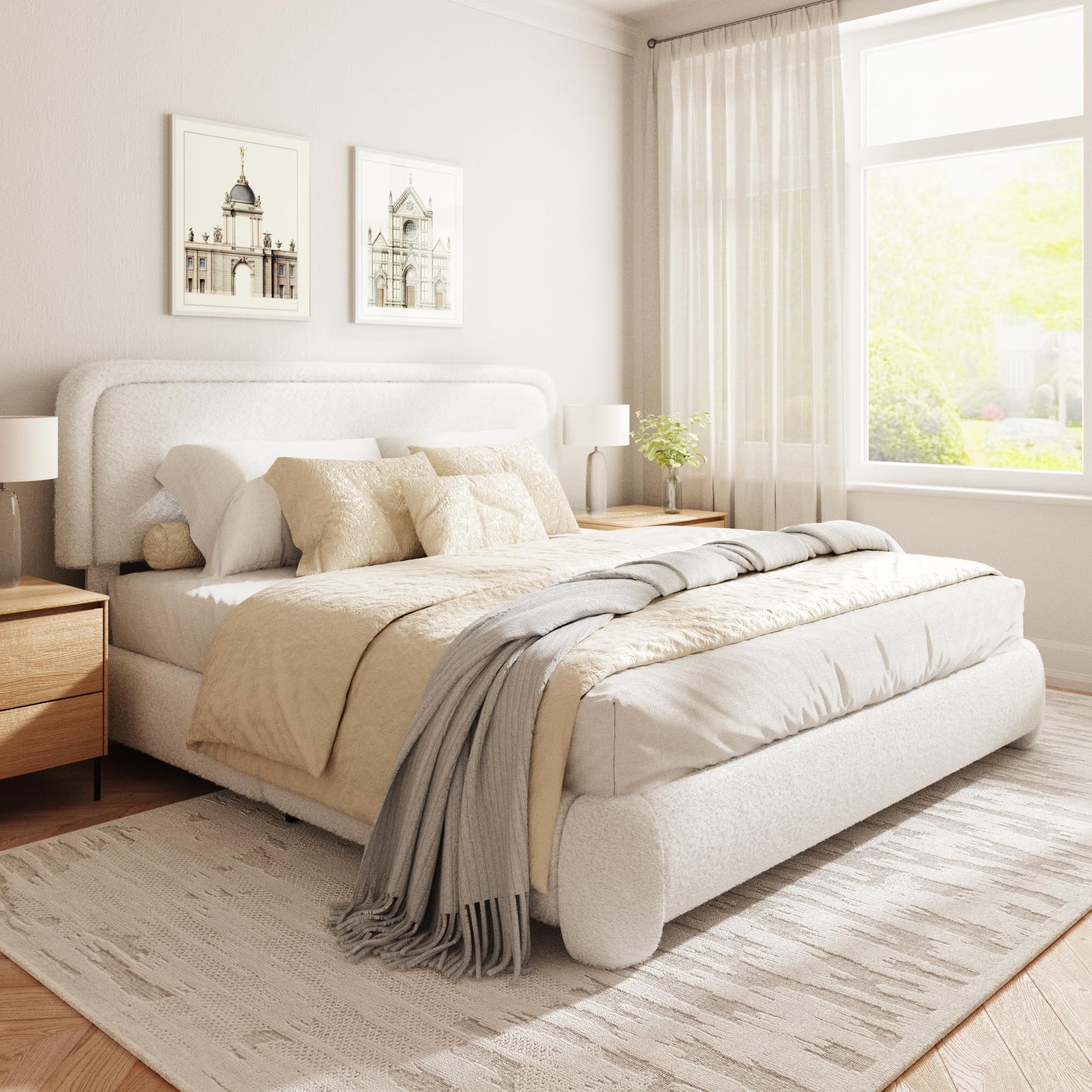 GLOLLOSPARK King Size Boucle Bed Frame, Cloud Upholstered Platform Bed with Height Adjustable Headboard & Soft Rounded Corners, No Box Spring Needed,