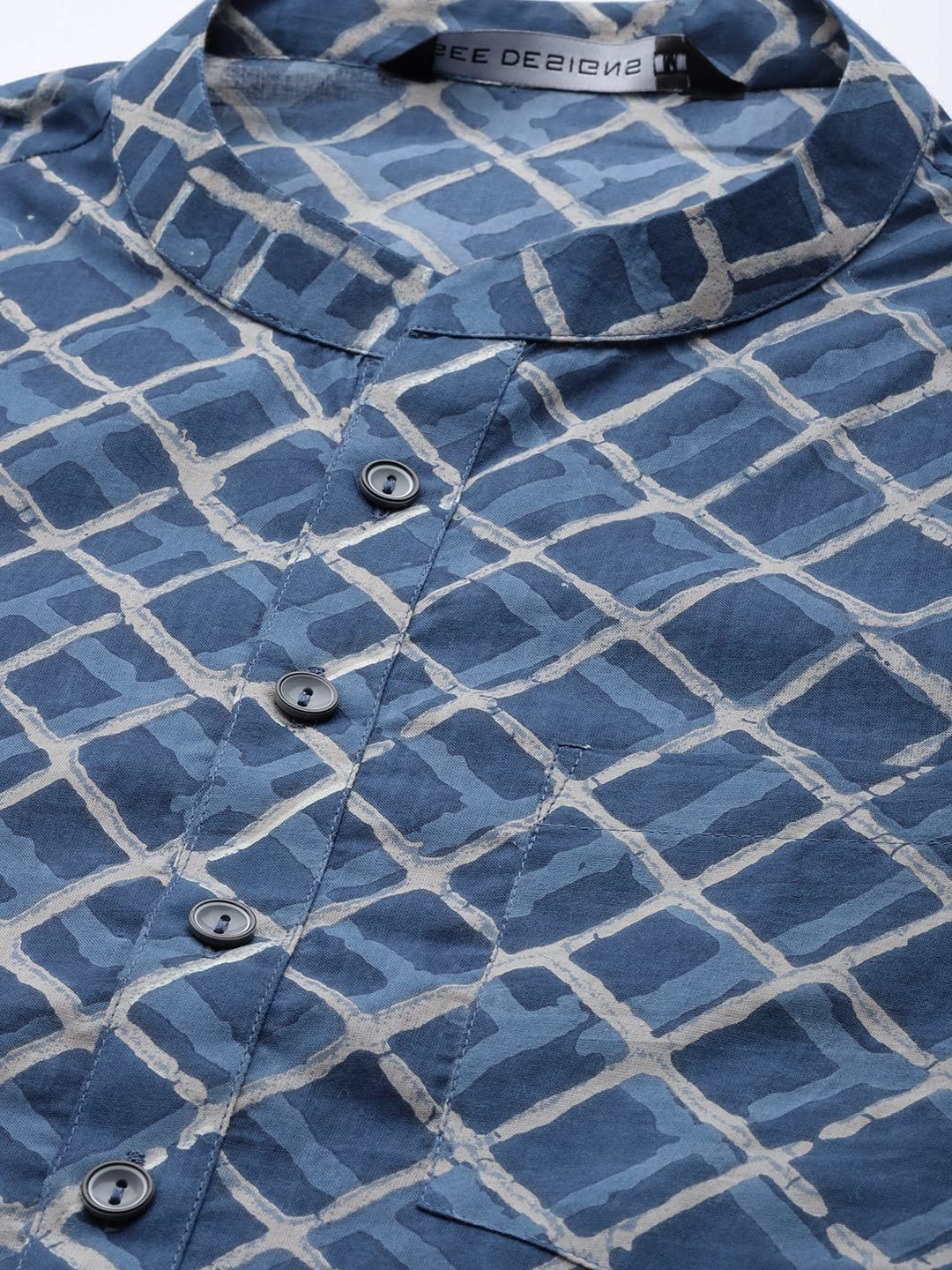 See Designs Blue Cotton Regular Fit Printed Kurta Mandarin Collar Two Pockets_Sdkt983L