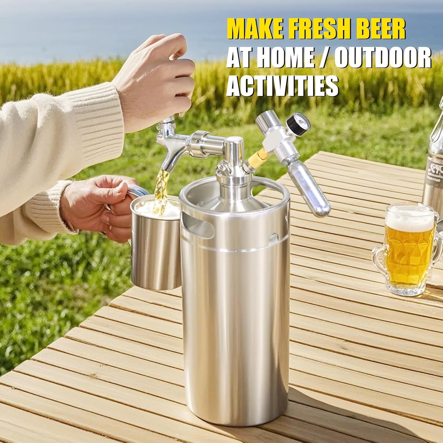 128 oz Mini Keg Growler Portable Dispenser System with Mini Keg Regulator to Carbonate Draft Beer and Keep Beer Fresh, Self-Closing Beer Faucet, Stainless Steel Pressurized Mini Keg Homebrew