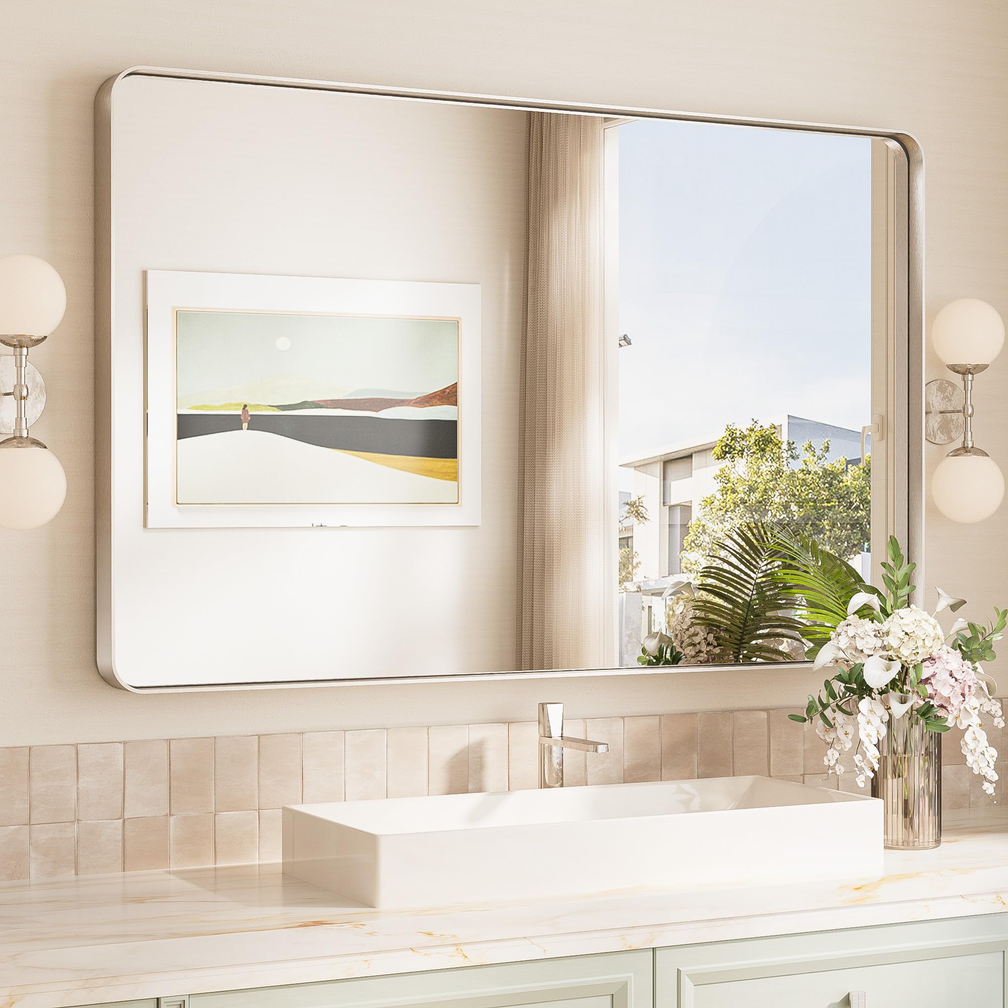 TokeShimi 48x30 Brushed Nickel Bathroom Wall Mirror Vanity Metal Frame Round Corner Rectangular for Home Decor Living Room Entryway