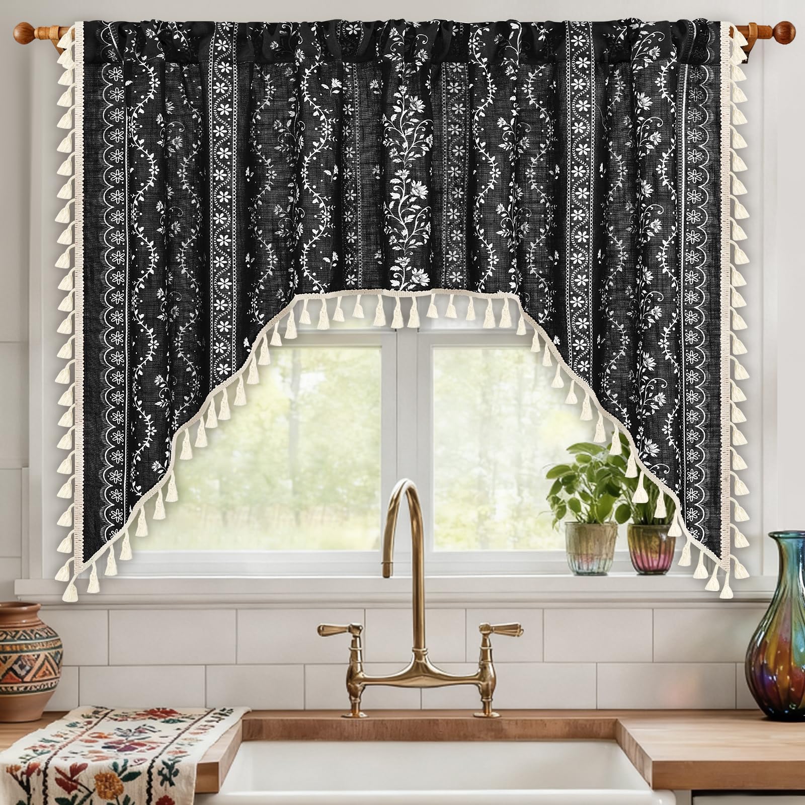 Yinhua Boho Swag Valance Curtains Vintage Linen Valances for Windows Light Filtering Floral Kitchen Valance Rod Pocket Rustic Tassel Window Valances for Bathroom Cafe, 60" W x 36" L, Black
