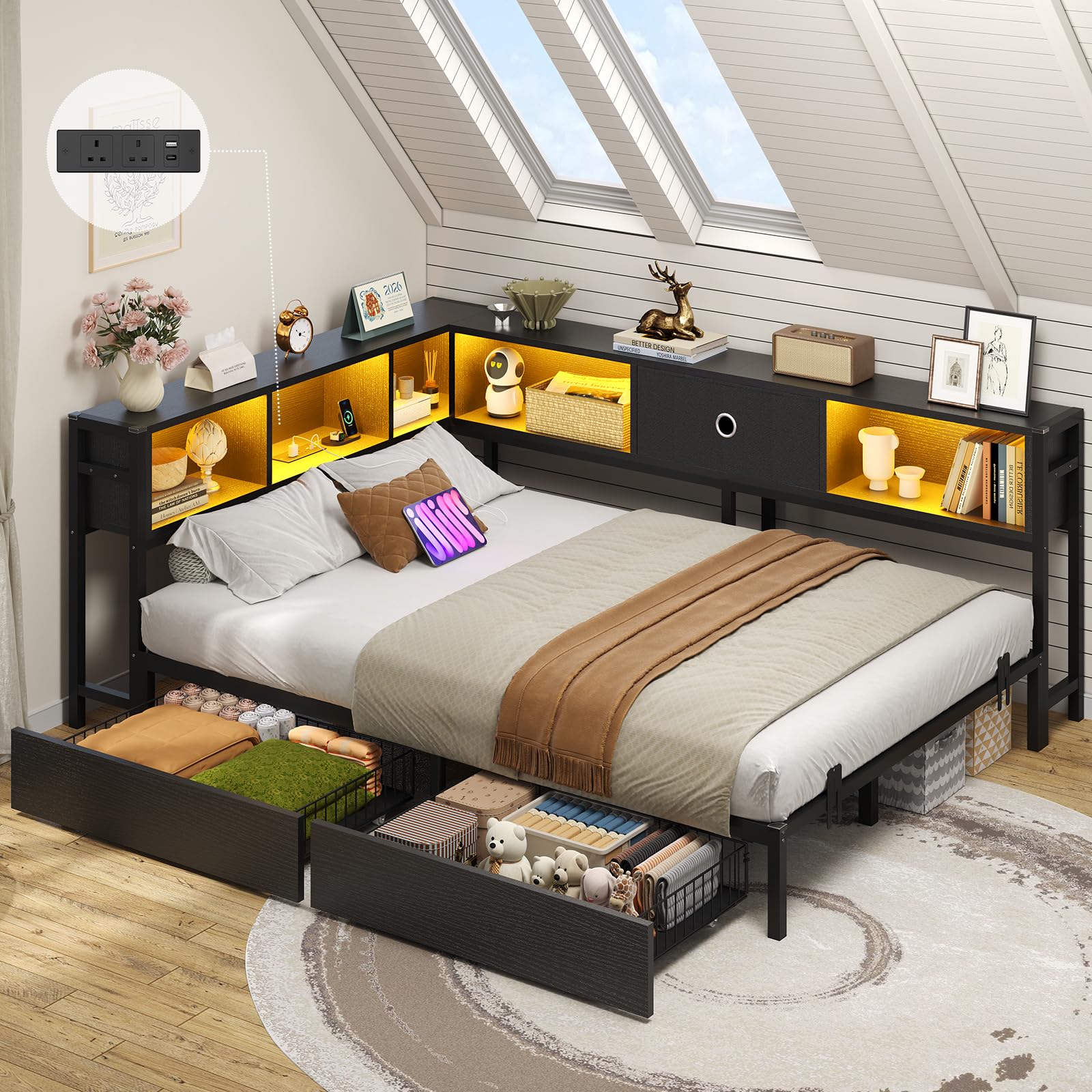 DICTAC 4ft6 Double Bed 135x190 with 2 Storage Drawers, Double Storage bed with LED Lights & Charging Station, Day Bed with Storage, Black LED Corner Bed – Space-Saving Double Bed with Shelf, Modern