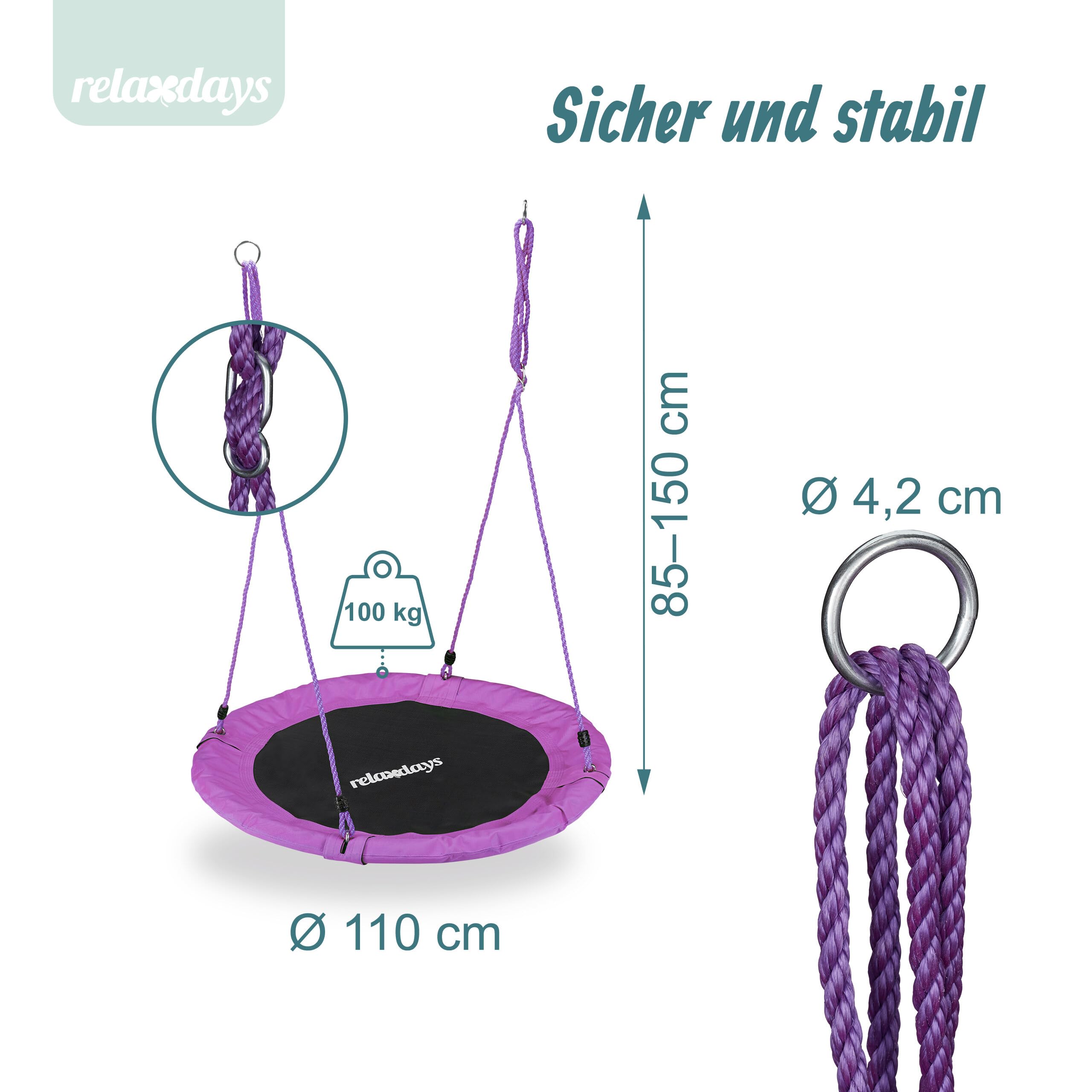 Relaxdays Unisex – Erwachsene, lila Nestschaukel, Outdoor Schaukel für Kinder & Erwachsene, Ø 110 cm, bis 100 kg, rund, Tellerschaukel, H x D: ca. 5 x 110 cm, Violett
