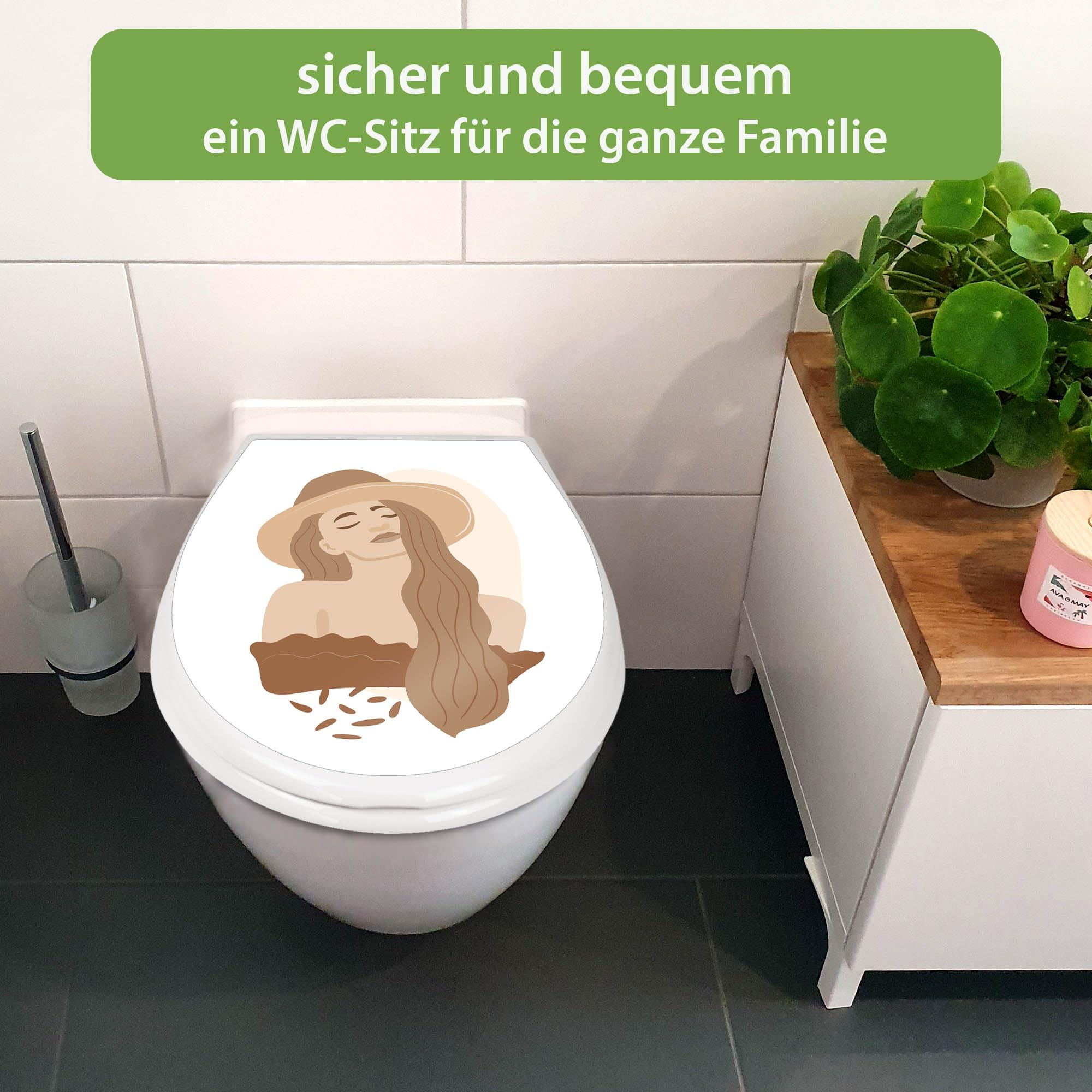 banjado Familien WC Sitz mit Absenkautomatik 44,9x37,1cm - Klobrille mit Kindersitz aus hochwertigem Polypropylen - Toilettendeckel mit Kinder Toilettensitz integriert - Motiv Boho Frau