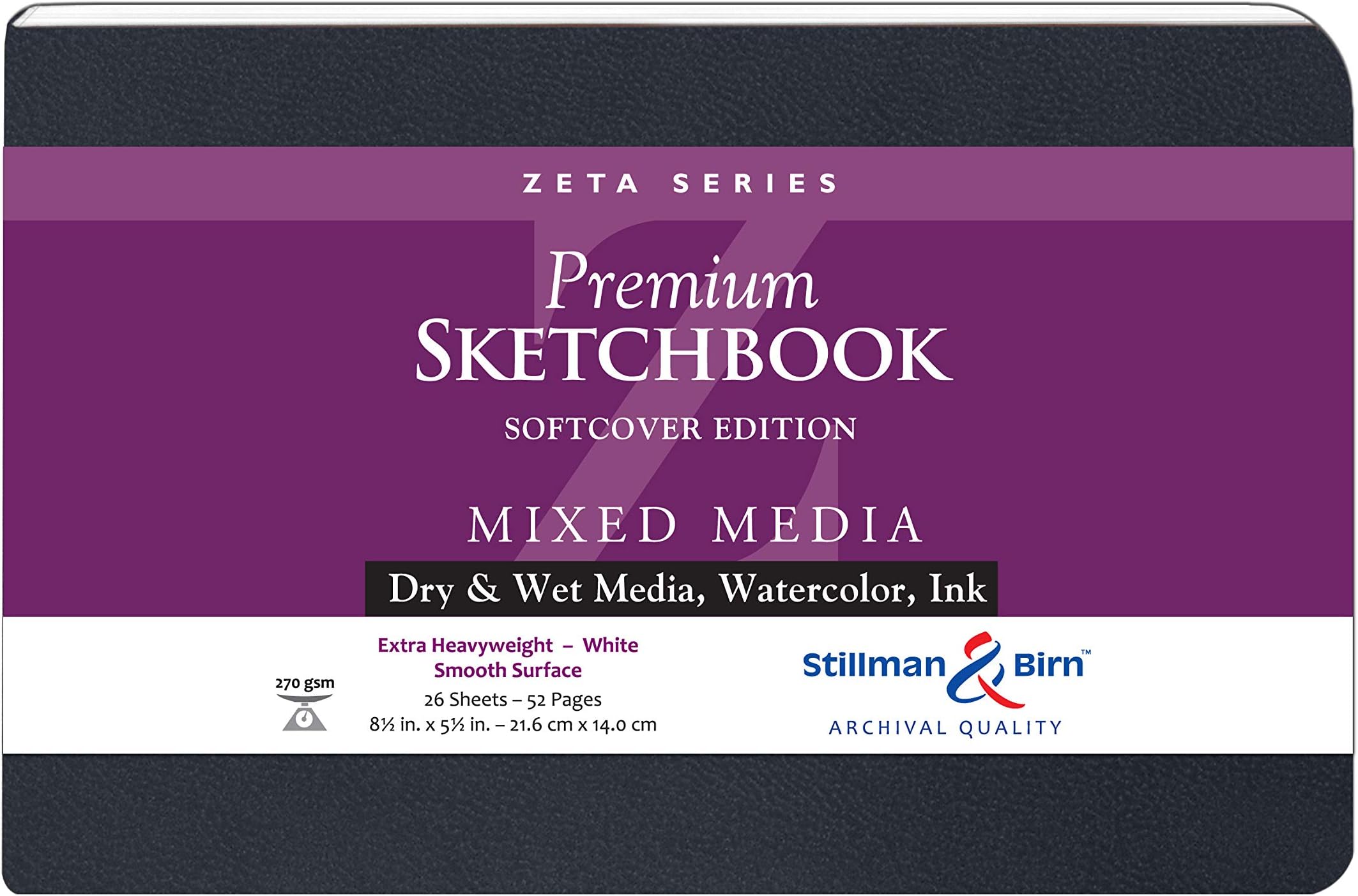 Zeta Softcover Sketchbook, Heavyweight 180lb, White, 28 Sheets, 8.5X5.5 Landscape