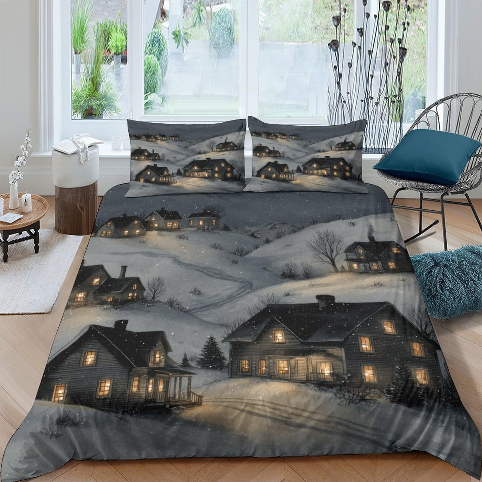 Ctjqhvkz Style-2 3D Printed Winter Night Village Fitted Sheet Microfiber Soft Grey Snowy Cottage Bed Cover For Bedroom Decor Single（135X200cm）