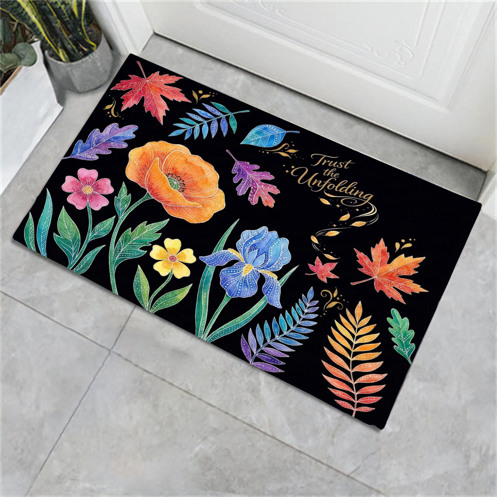 Tapis d'entrée intérieur 90x150 cm lavable et antidérapant à motif botanique noir