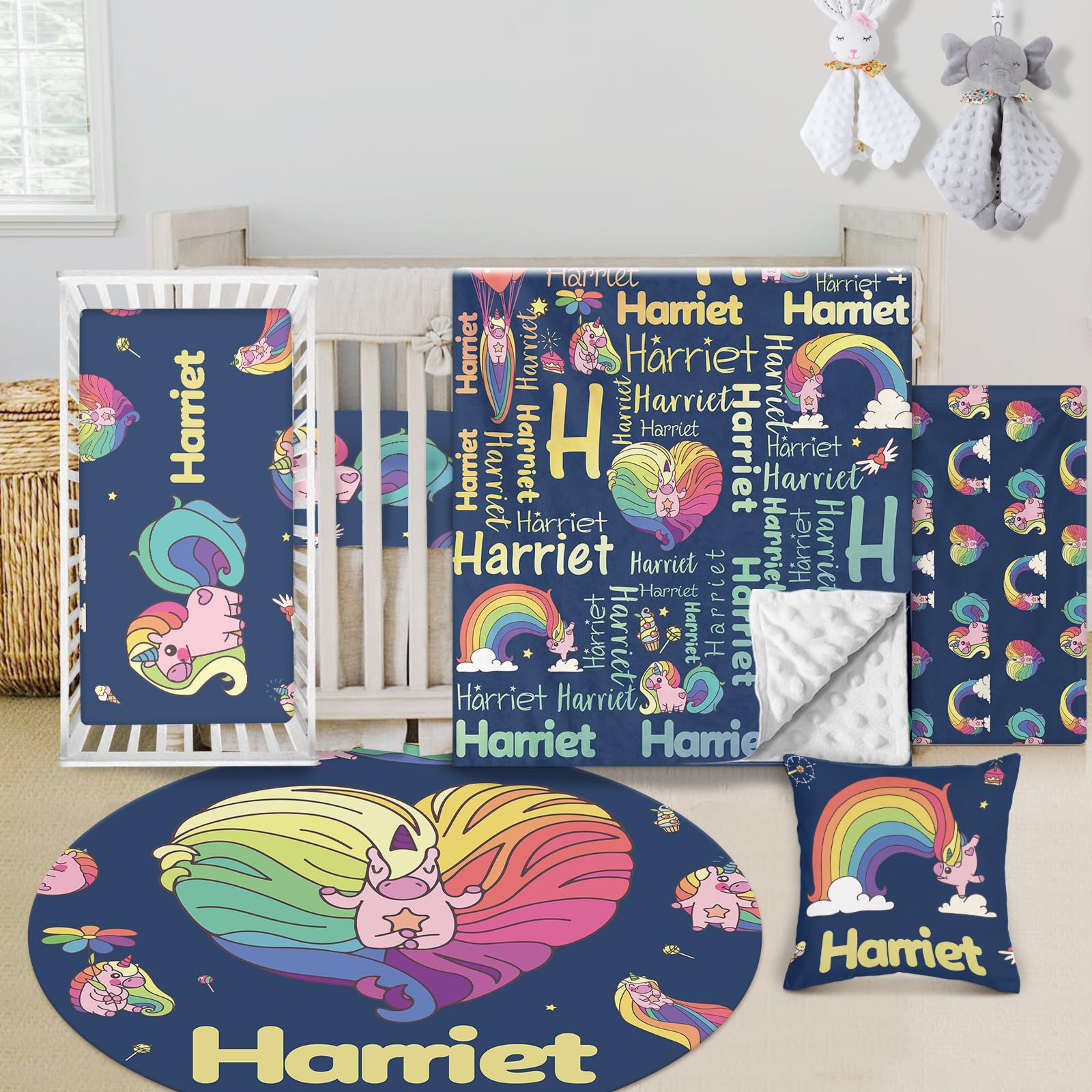 Individuelles Babybett-Bettwäsche-Set, 5-teilig, Regenbogen-Designs, personalisierte Namensdecke mit gepunkteter Rückseite, Kinderbettlaken, Wickelunterlage, Kissenbezug, Teppich für Neugeborene, Blau