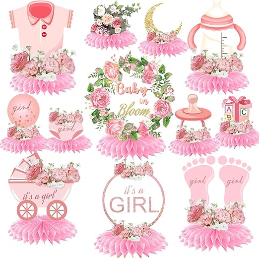 12 Pcs Baby Shower Honeycomb Centerpieces for Girl, Floral Party Table Honeycomb Decorations, for Newborn Baby Photo Props, Tables Toppers, Girls Gender Announcement Birthday Party Supplies